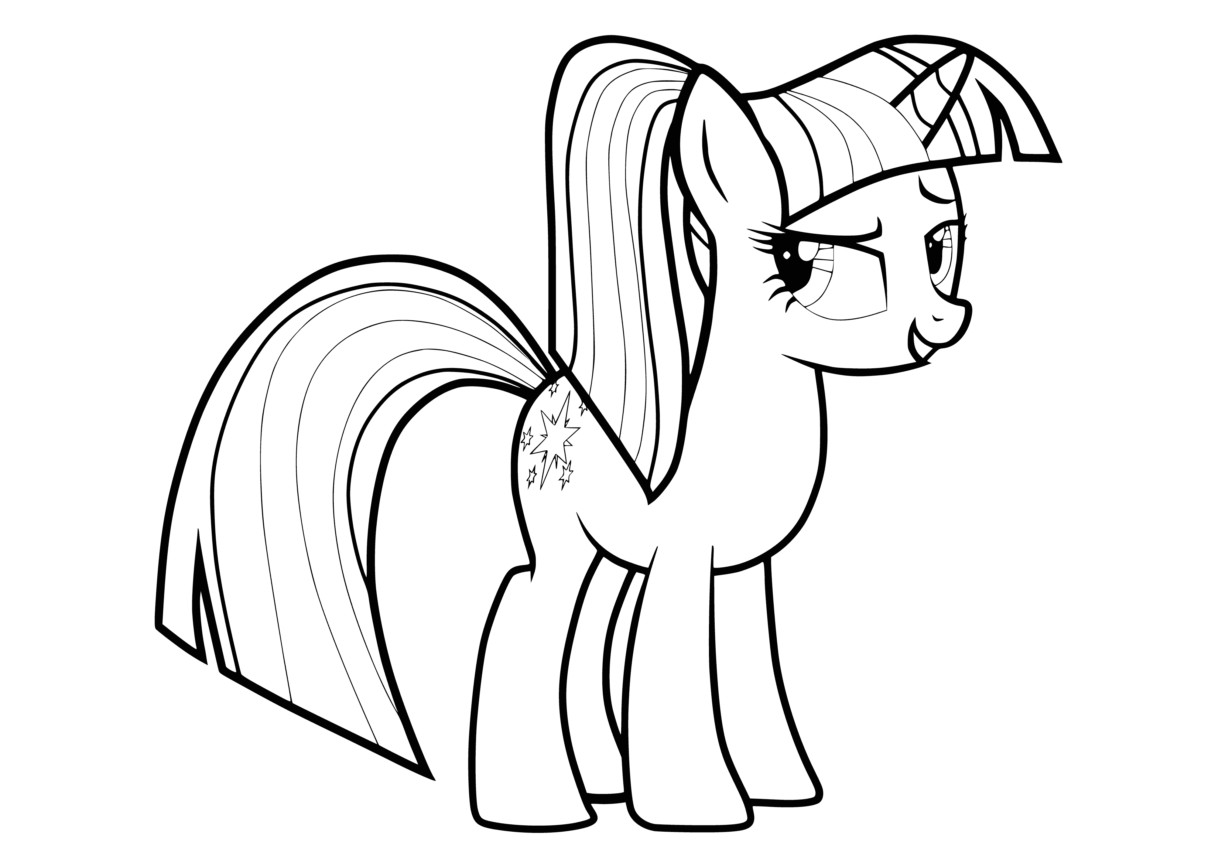 coloring page: Twilight Sparkle, a lavender unicorn with a starburst cutie mark, stands on a hill in a meadow and looks at us with a happy expression.