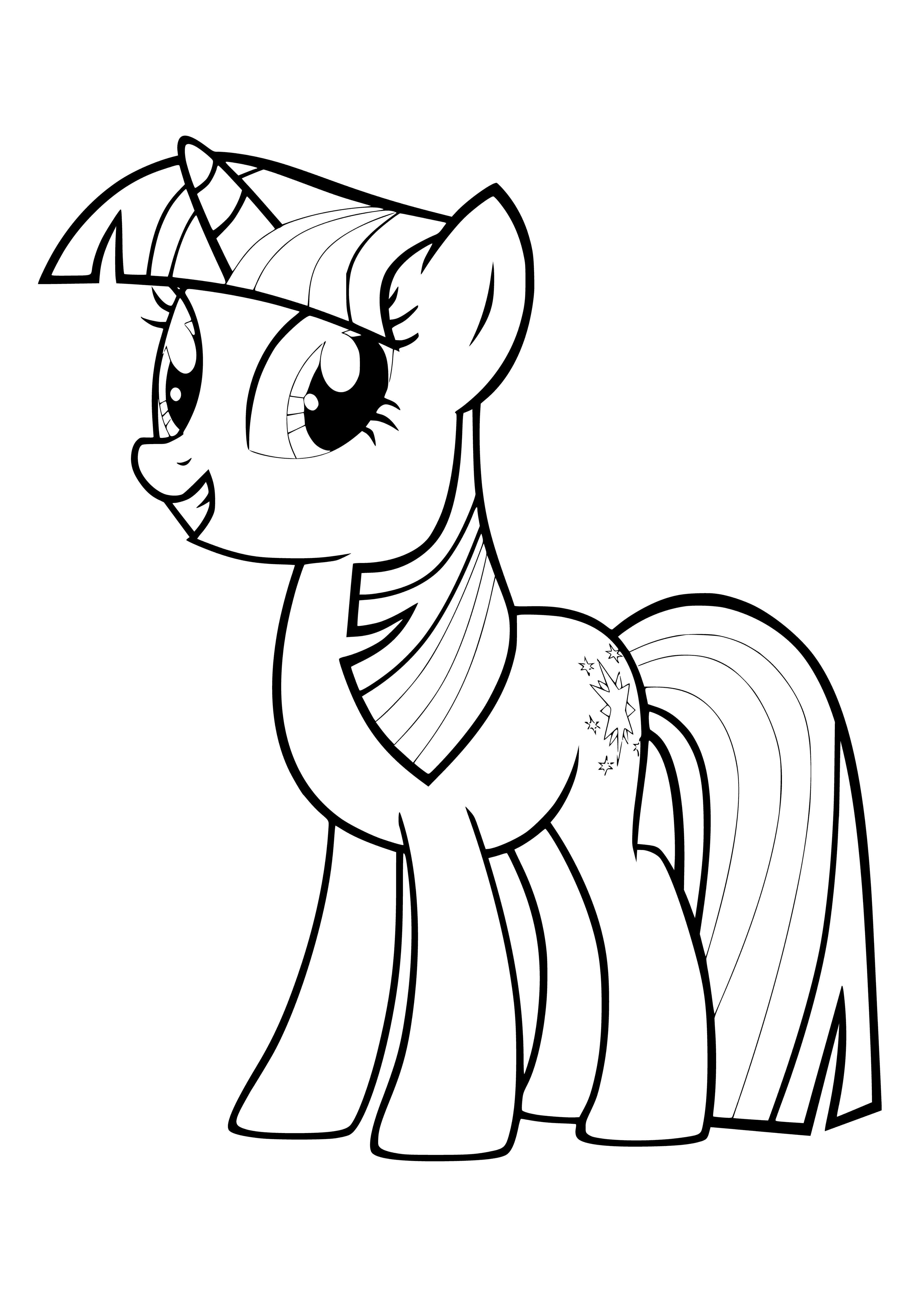 coloring page: Twilight Sparkle is a purple horse with a gem on the forehead, a pink & purple saddle & bridle, & long mane and tail.