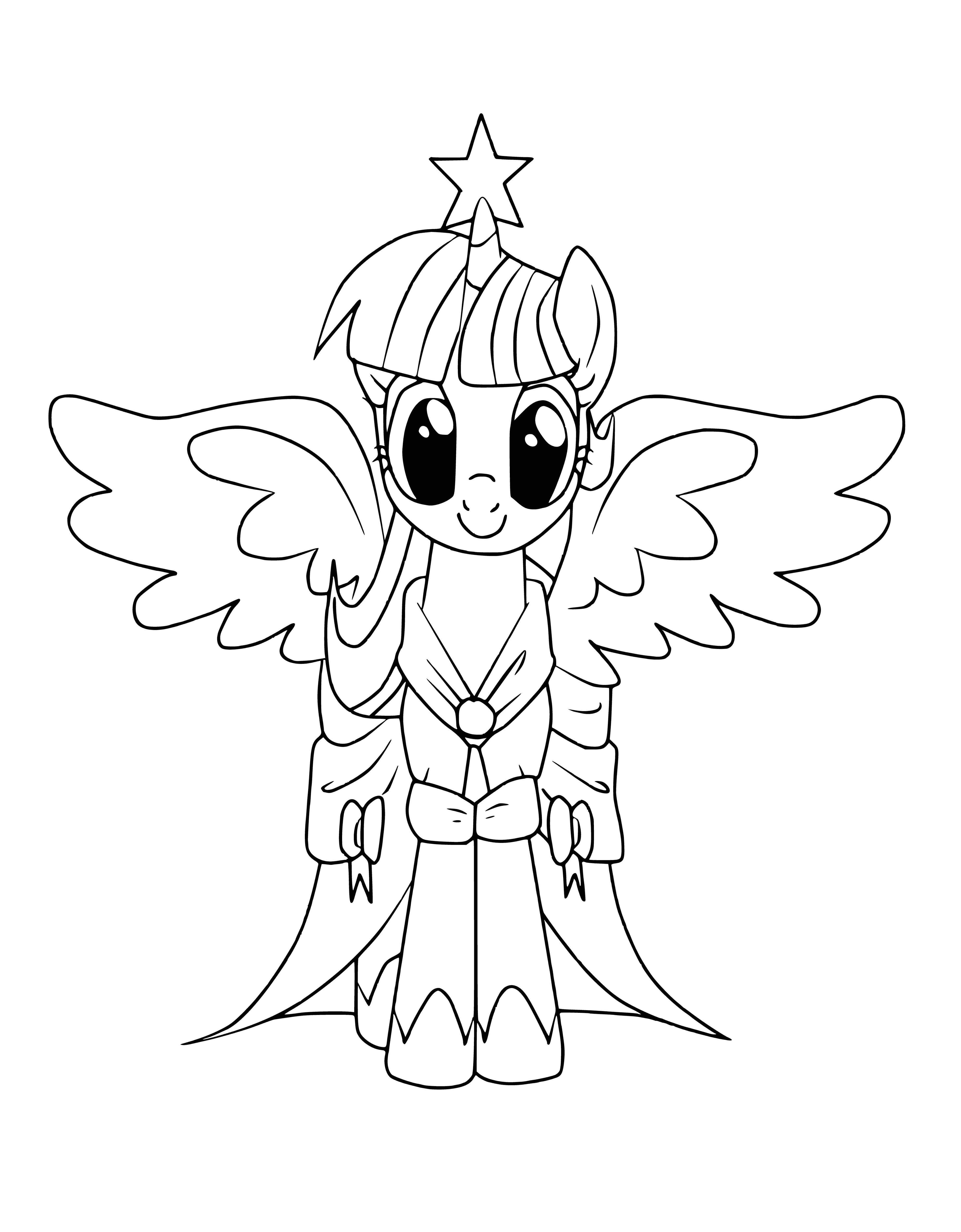 coloring page: Purple unicorn with blue eyes, mane & tail, long spiraled horn, & silver star on forehead.