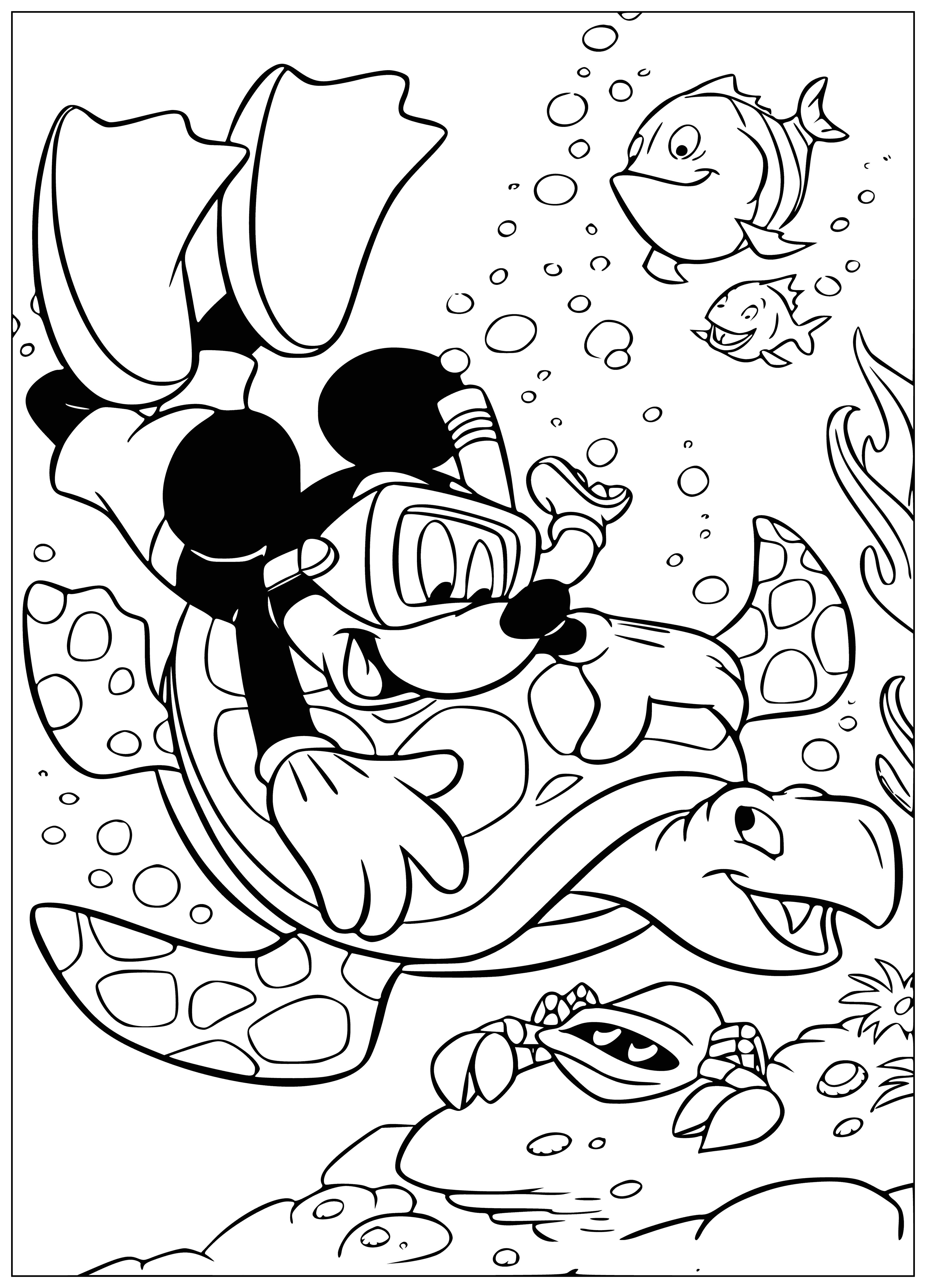 coloring page: Mickey and friends on beach playing with a soft, green turtle with a hard, brown shell swimming in the water.
