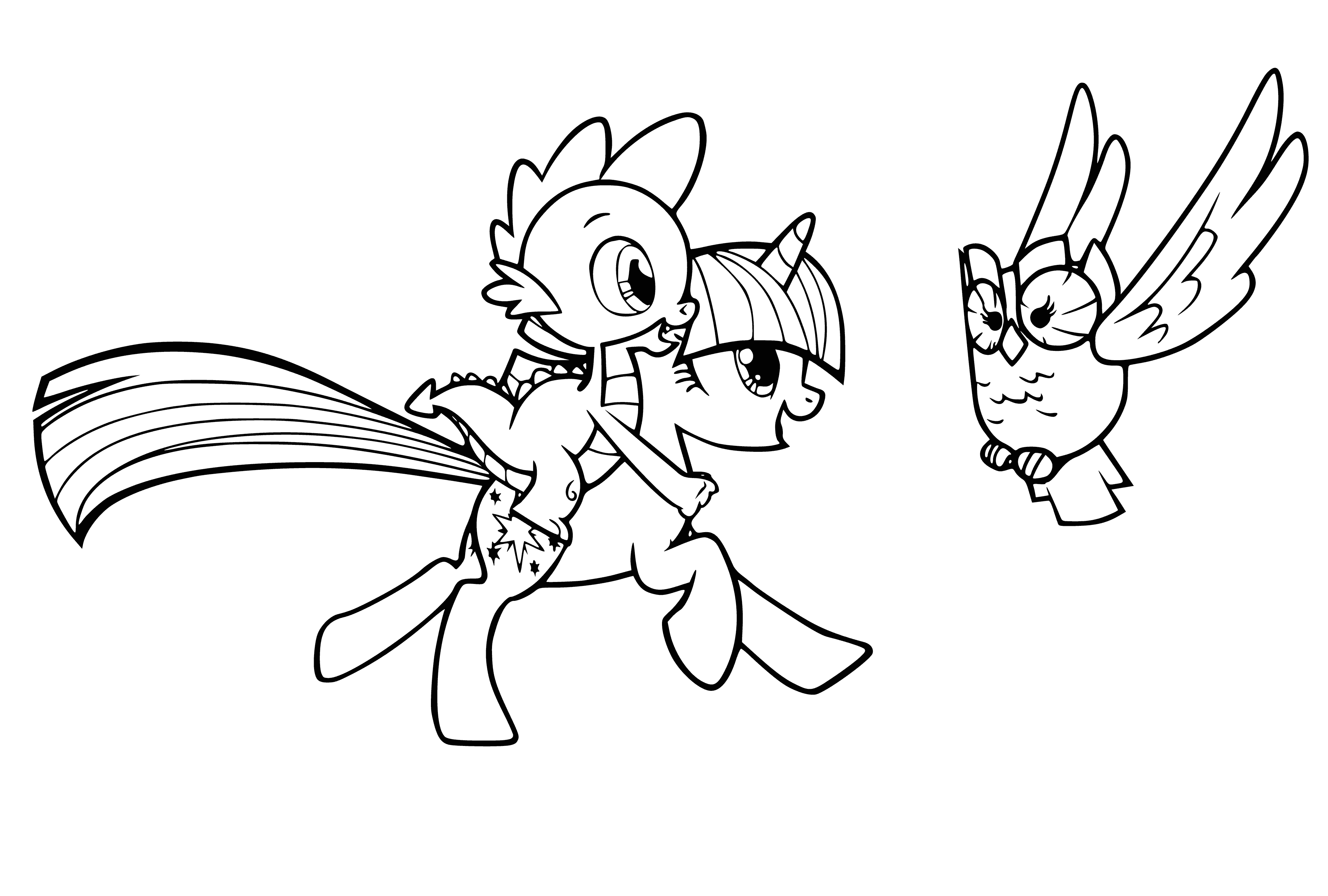 coloring page: Twilight Sparkle rides on Spike, both smiling happily.