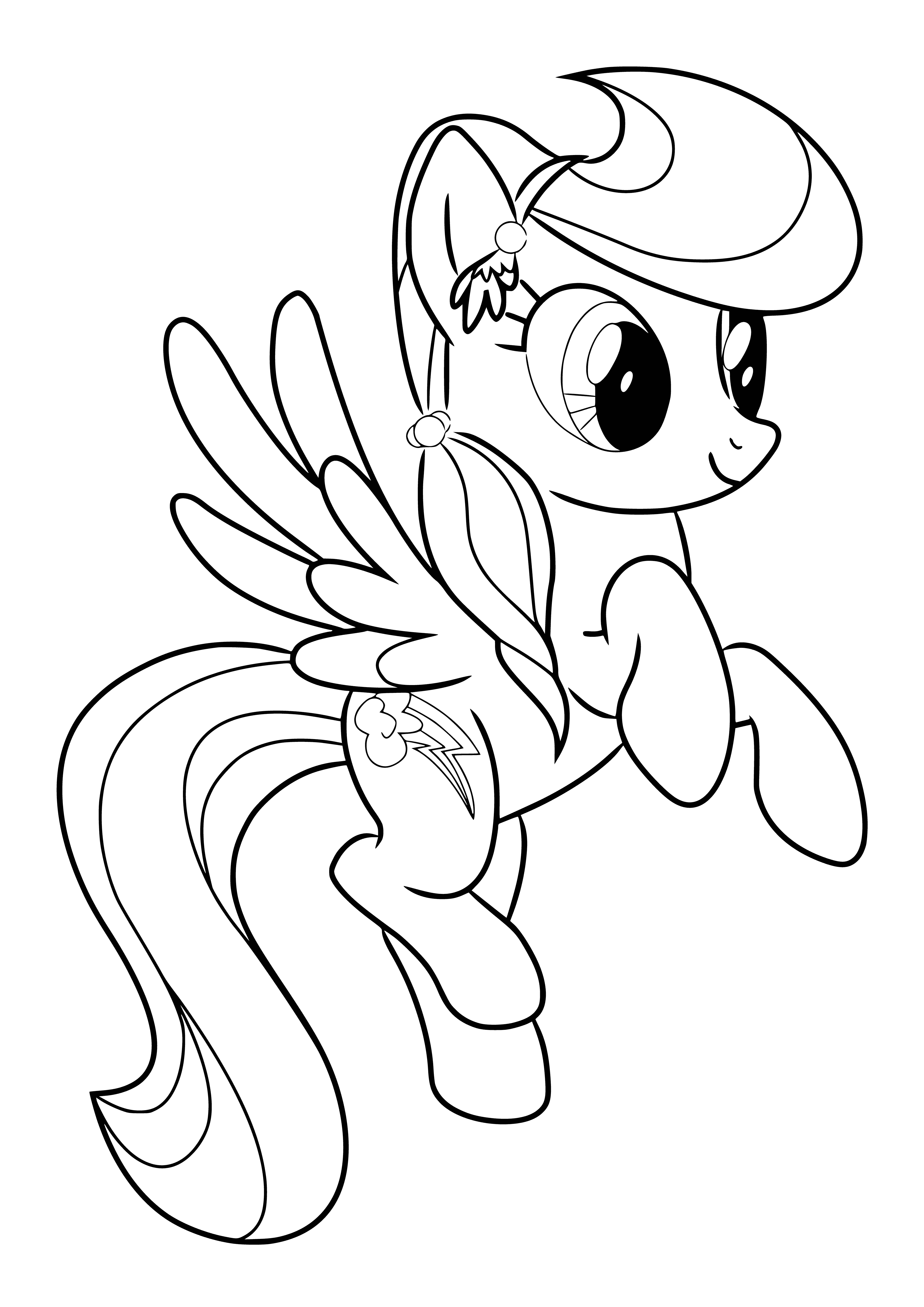 coloring page: A blue pony with a rainbow mane & tail stands on a cloud with her arms crossed & a smug expression.