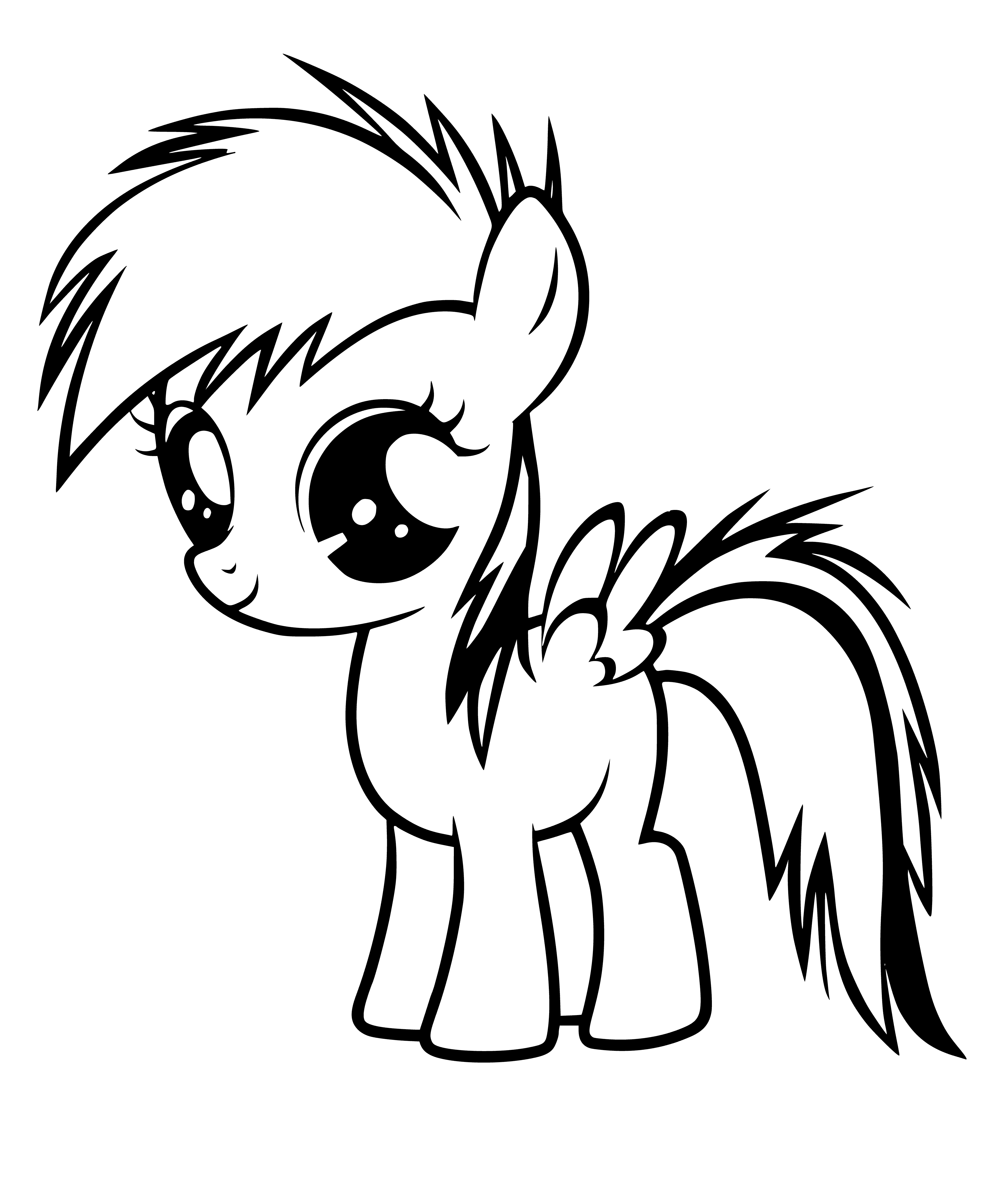 coloring page: Rainbow Dash is a blue pony with a rainbow mane/tail and cutie mark of a rainbow lightning bolt. She joyfully flies the sky with determination.
