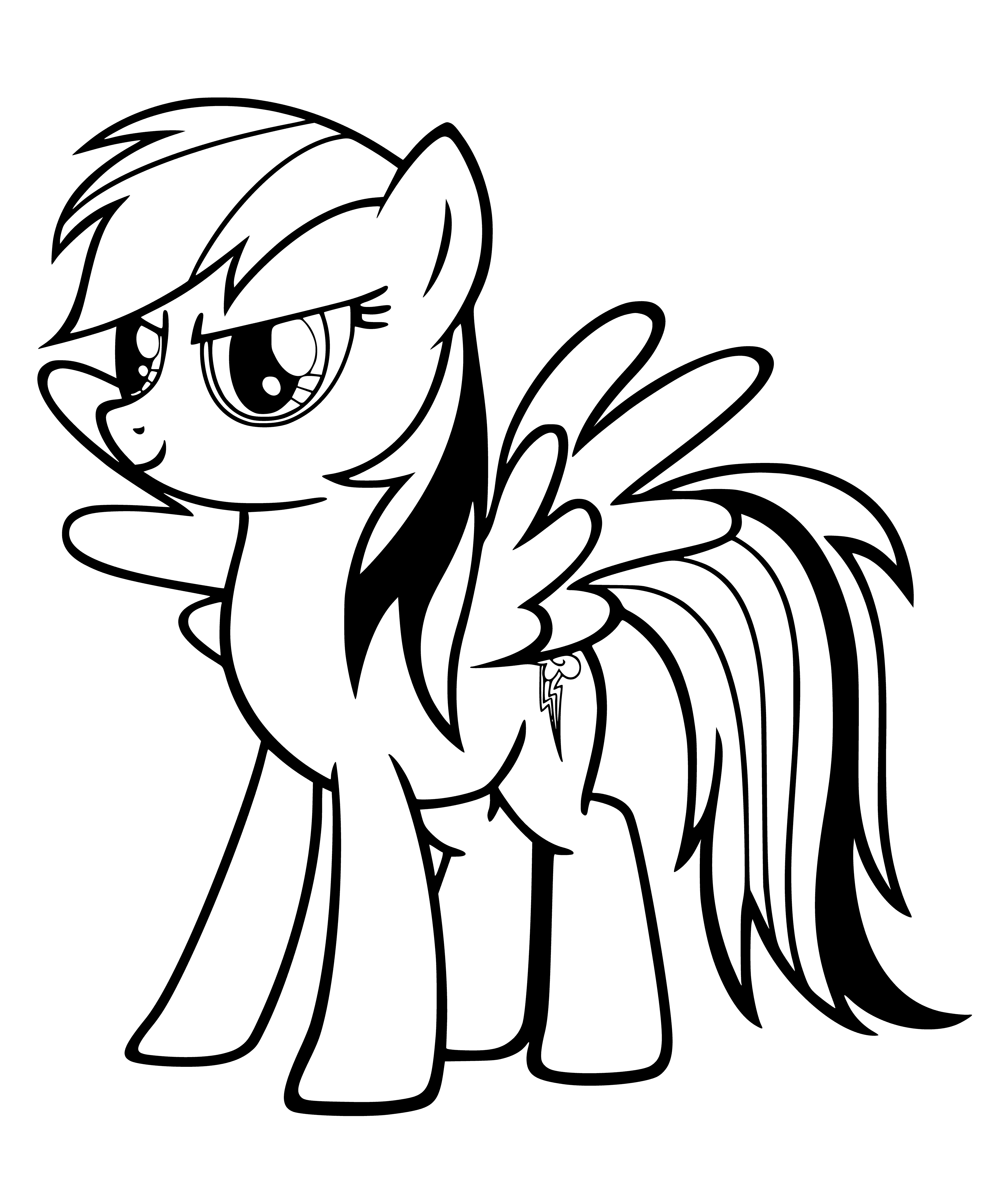 coloring page: Cartoon character Rainbow Dash, blue humanoid pony with rainbow-colored mane/tail, is wearing yellow/orange sleeveless shirt & black belt with silver buckle.
