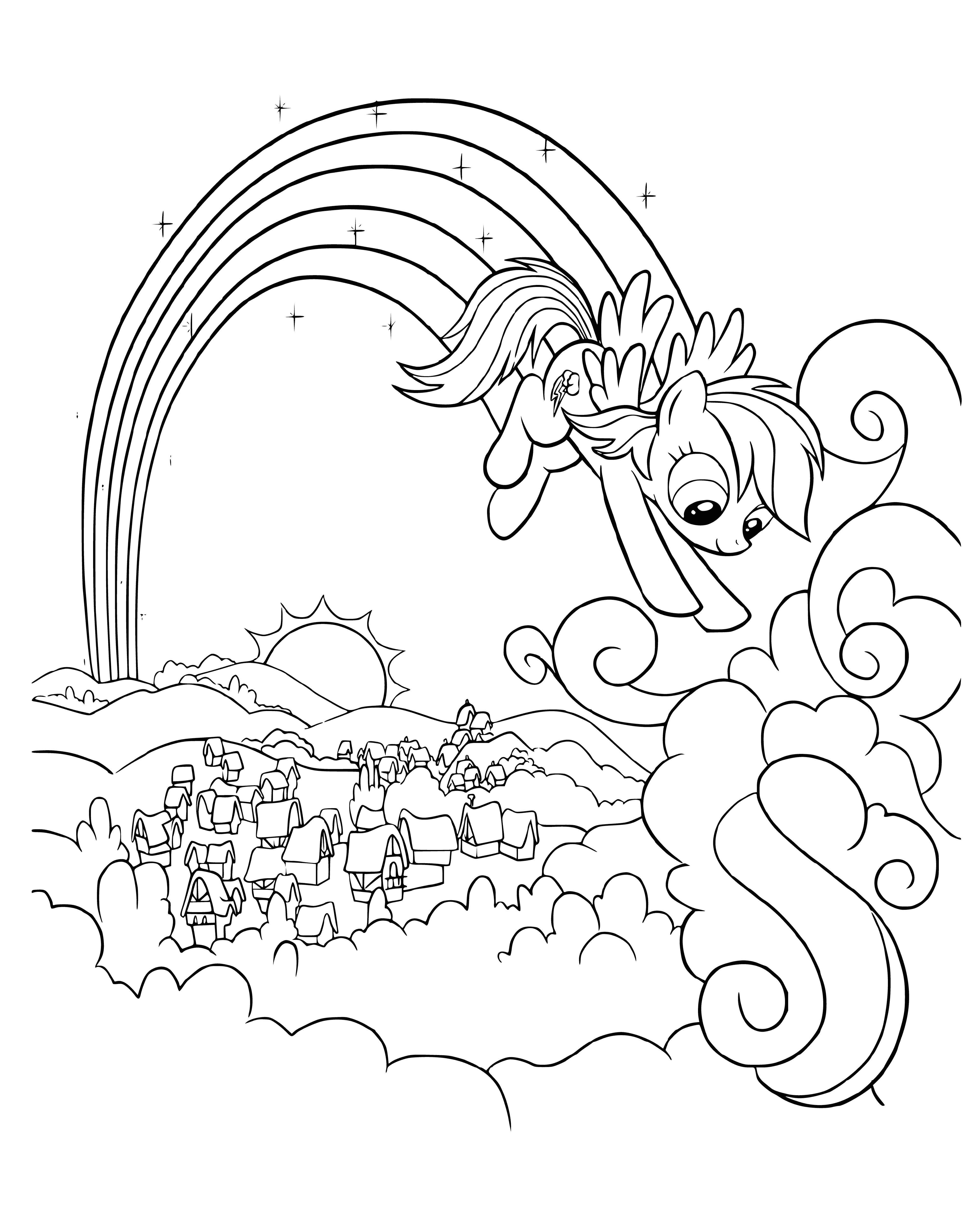 coloring page: Rainbow Dash is a blue Pegasus w/ rainbow mane & tail & white star on her flank. A talented flyer, she uses her speed & flying skills for amazing feats.