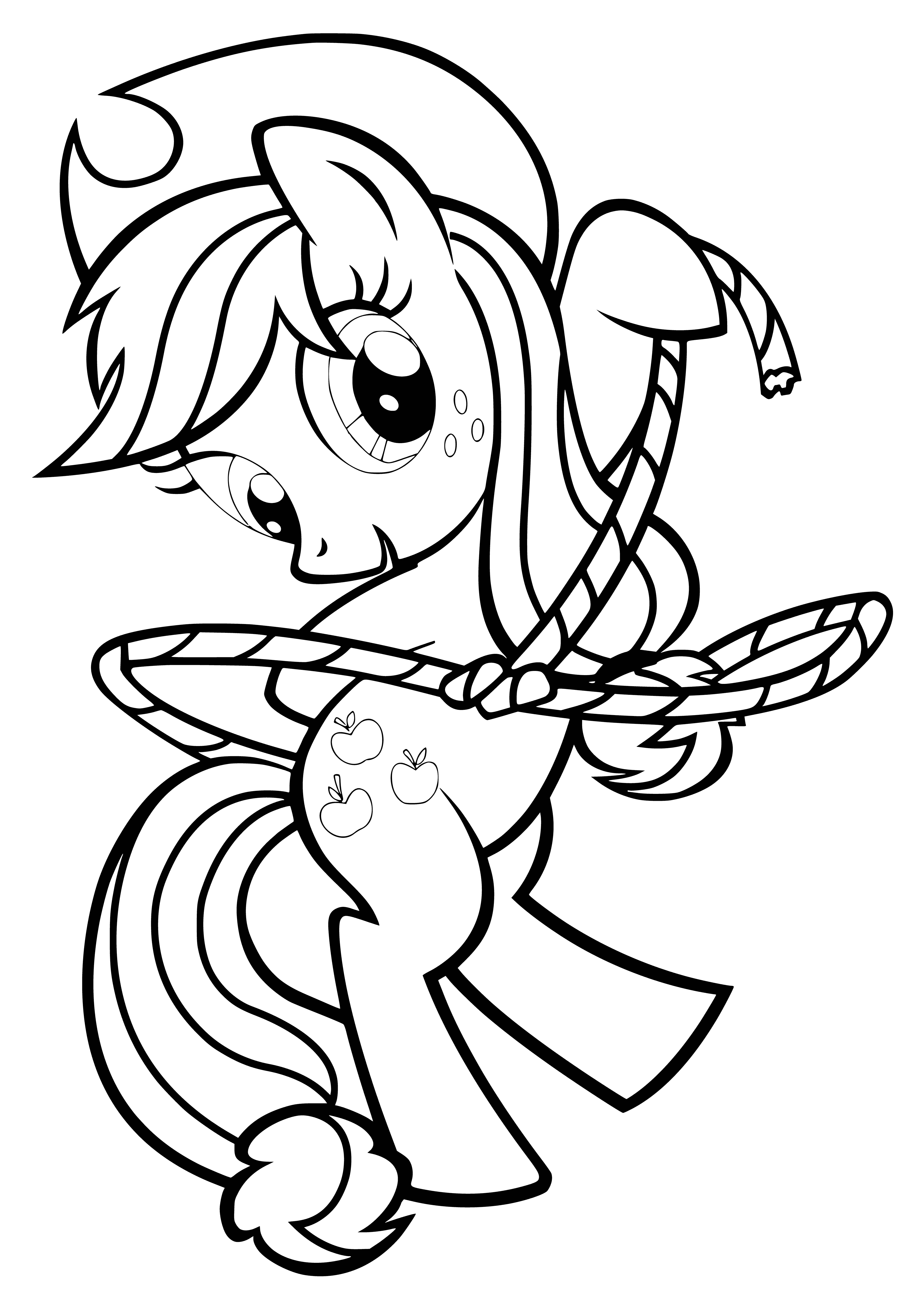 coloring page: Chubby pony with orange mane/tail and a green apple for a Cutie Mark.