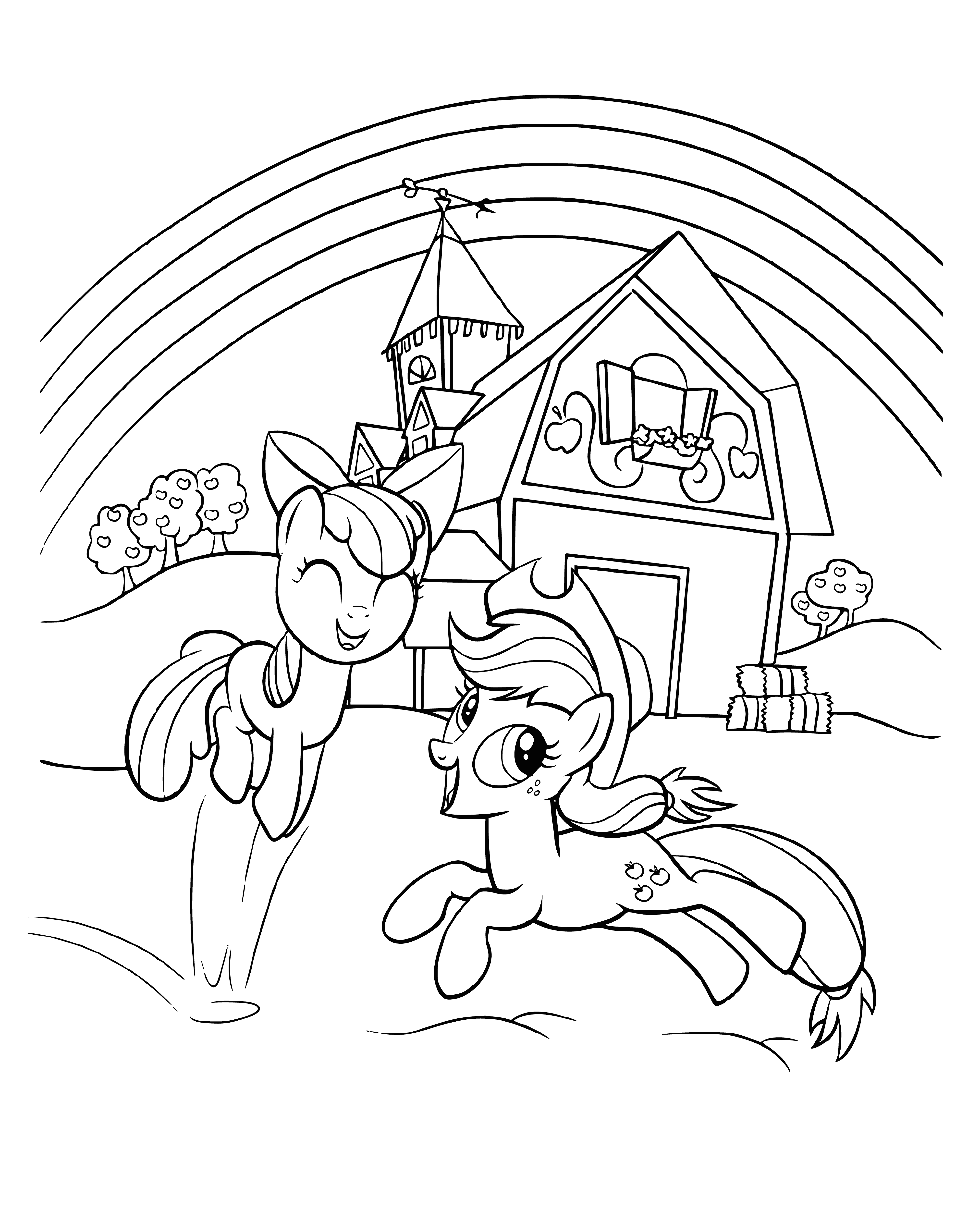 coloring page: Applejack & Apple Bloom relax together in a peaceful field of tall grass, enjoying the warmth of the sun.