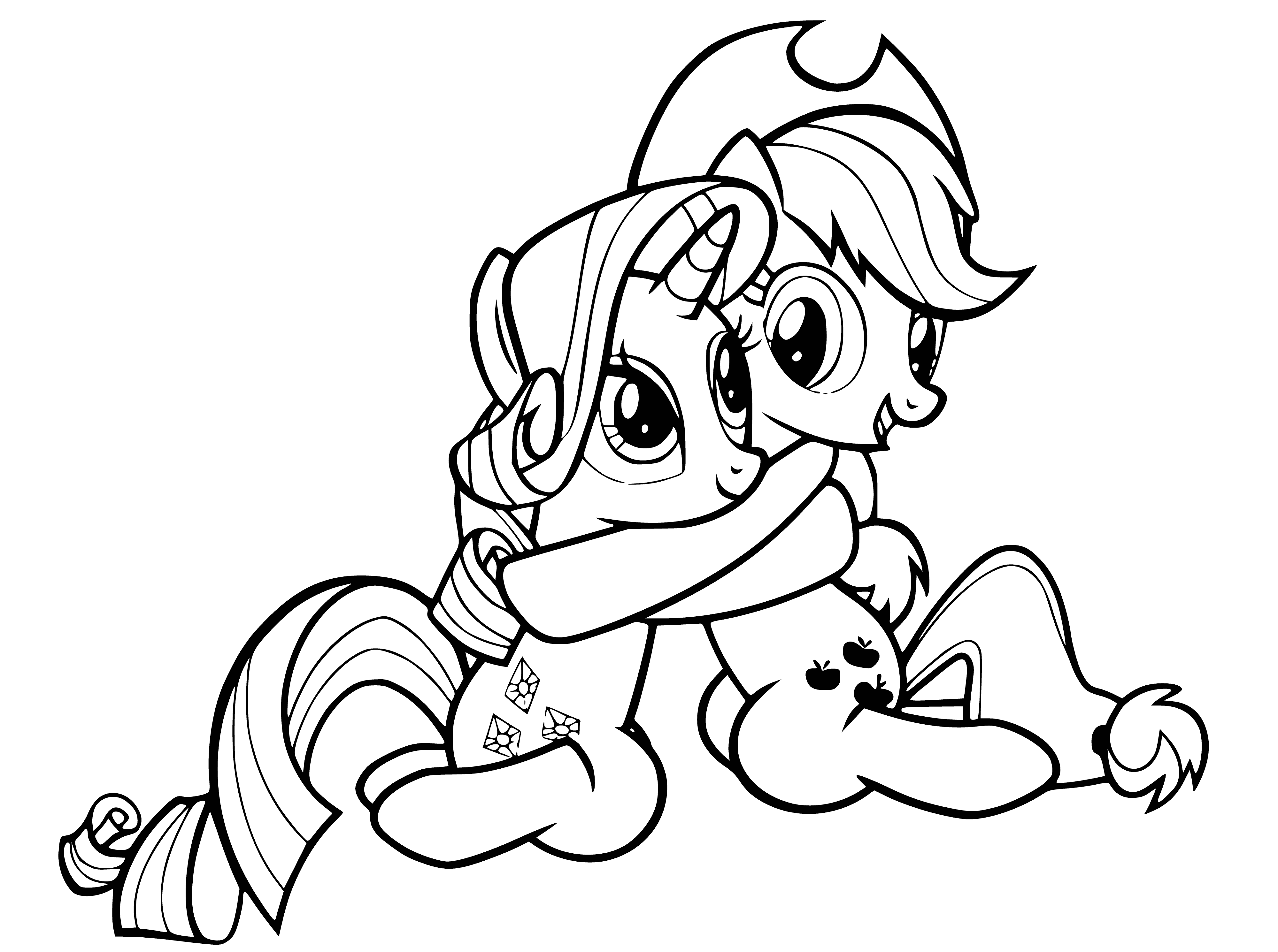 coloring page: Applejack and Rarity are friends; light brown and white, orange and purple manes n tails. They chat, side-by-side.