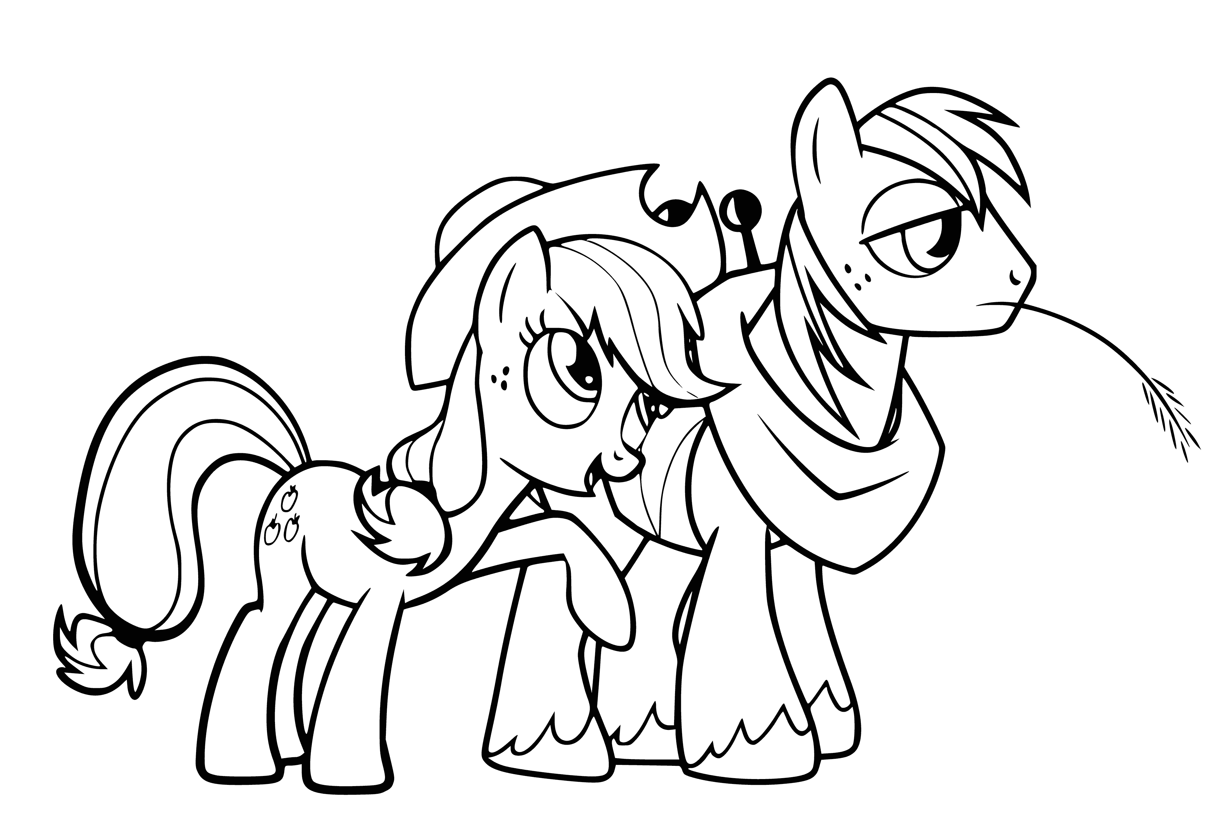 coloring page: Applejack & Big Mac stand in green field, both orange & red horses w/ brown manes; trees in background.