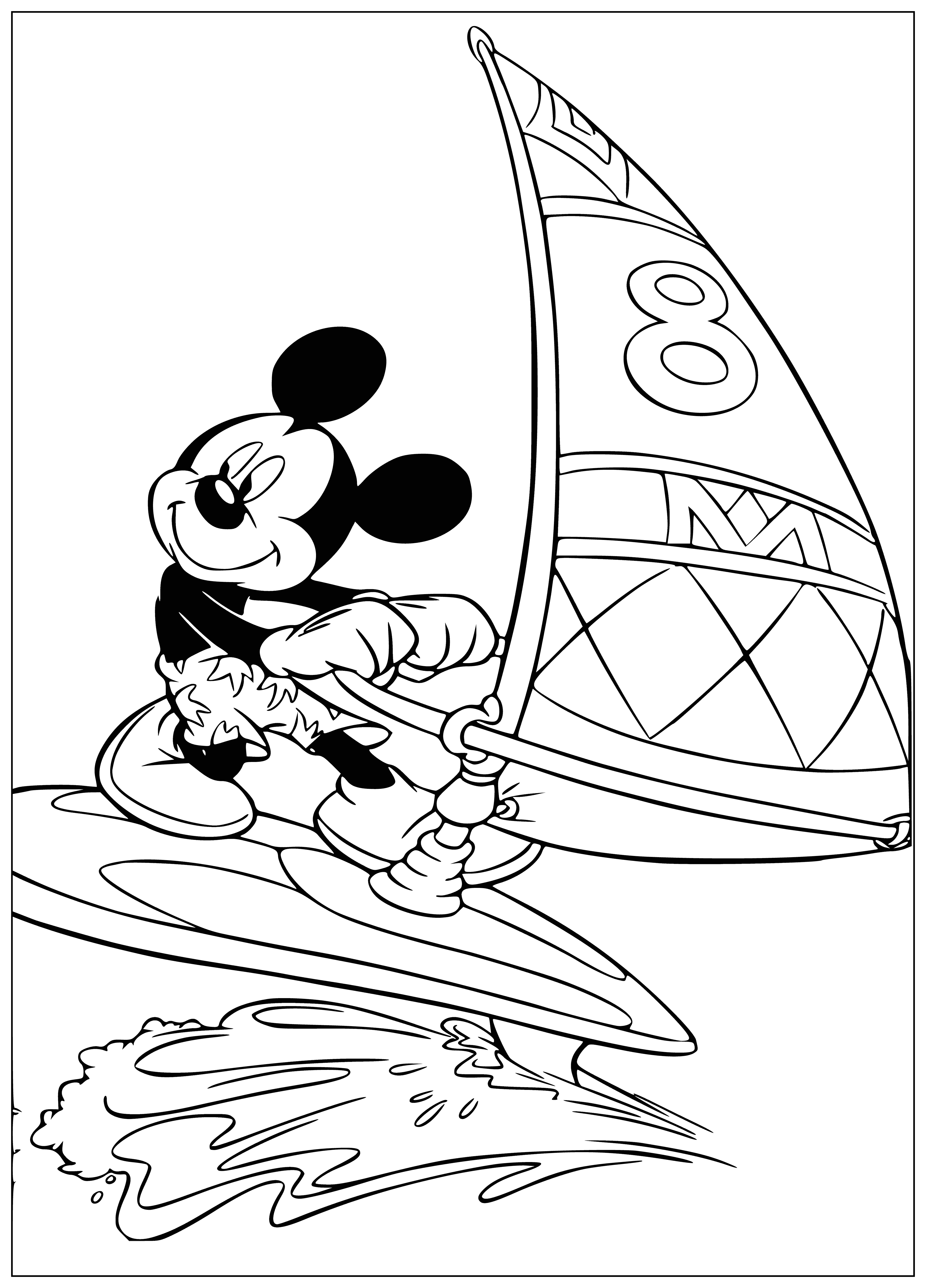 coloring page: Mickey Mouse is windsurfing on a multi-colored board with a Mickey Mouse sail. Blue sky with Mickey Mouse clouds float above.