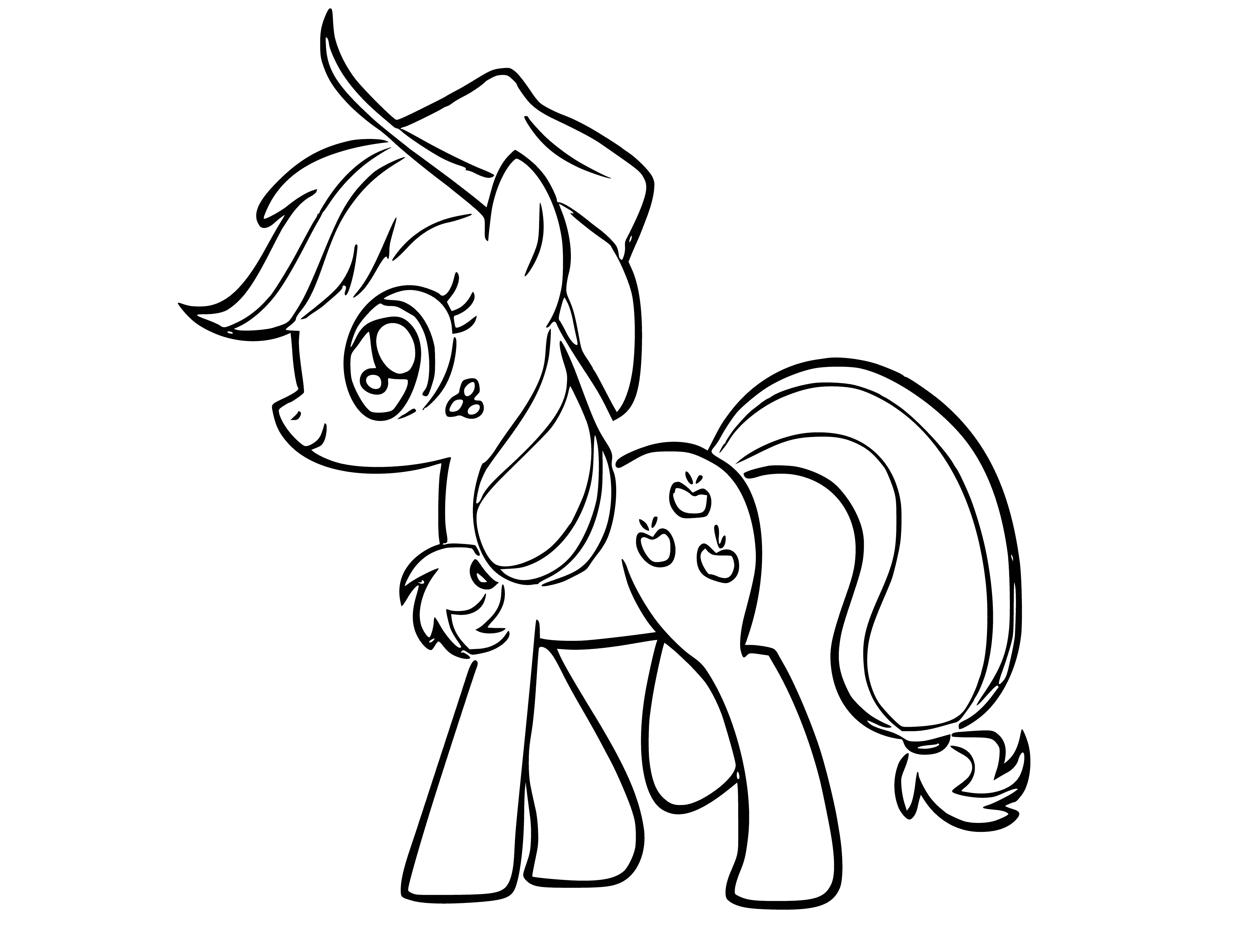 Applejack is a clever horse with a yellow coat, brown mane & tail, a cowboy hat, neckerchief and saddle. Her cutie mark is 3 apples.
