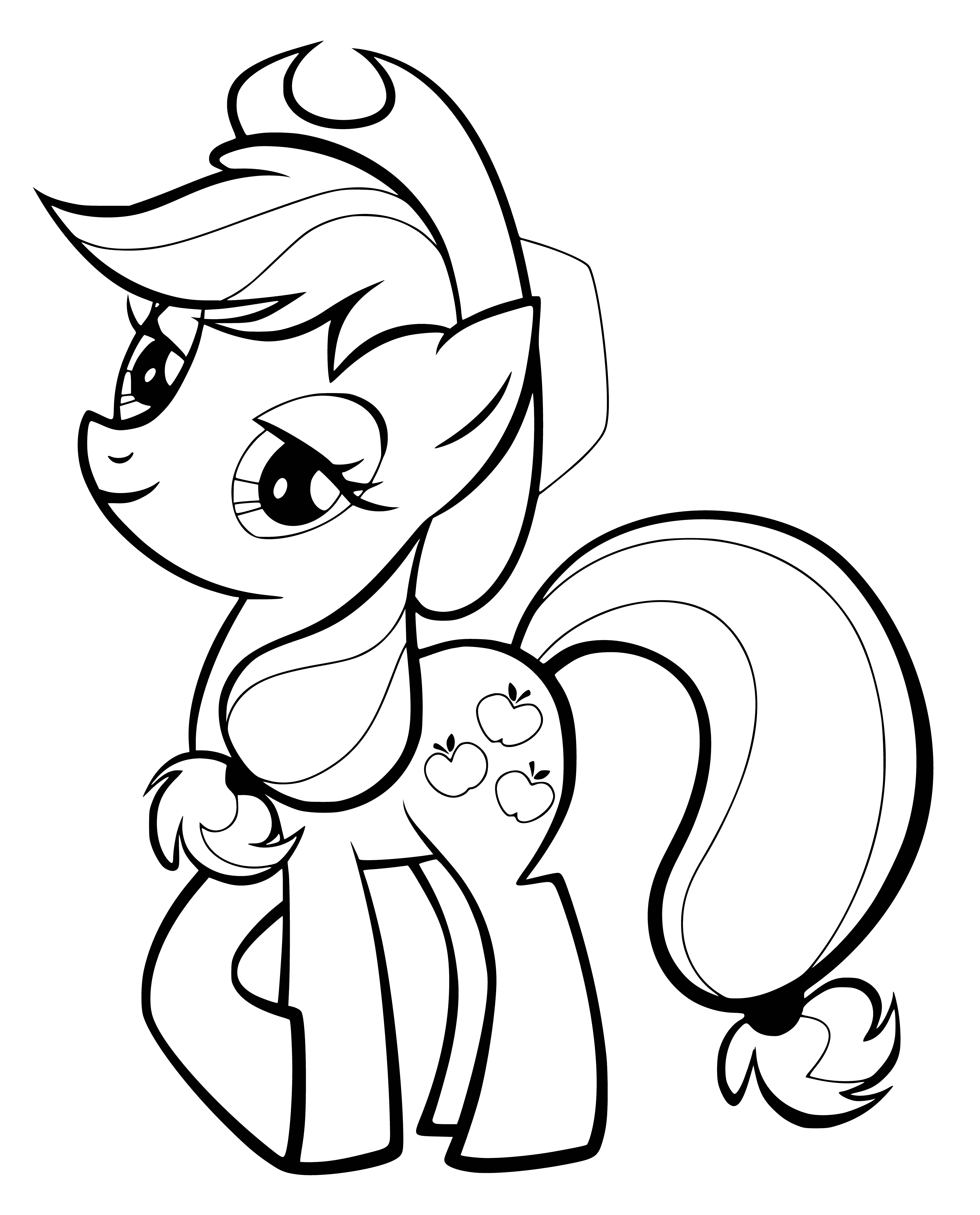 coloring page: Pony Applejack = light brown w/ dark brown mane & tail; golden horseshoe & green/white apple on hooves; wears brown cowboy hat w/ yellow bandanna.
