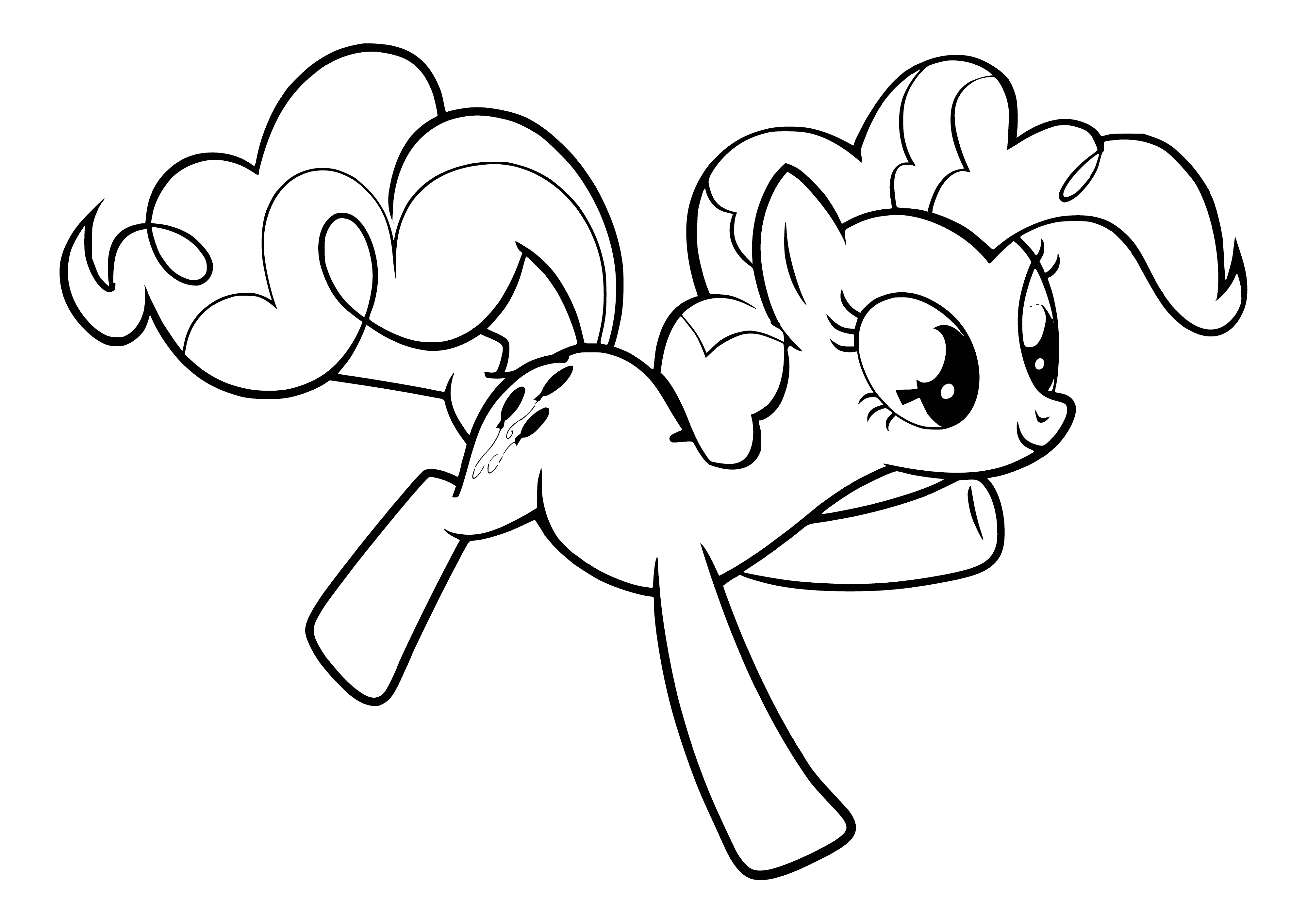 Pony Pinky Pie is a small pink pony w/ a white mane & tail, & a cutie mark of 3 pink balloons.