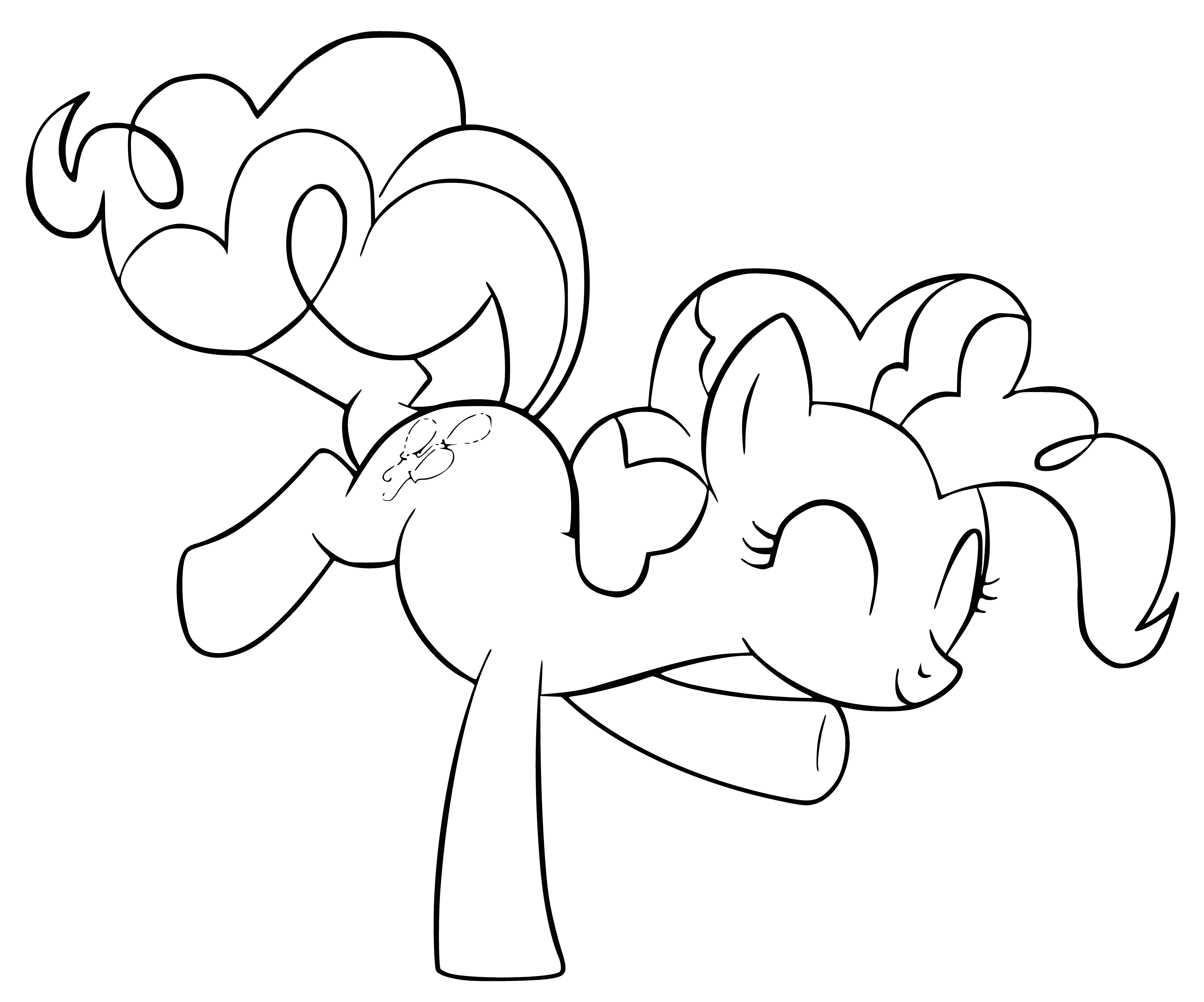 coloring page: A pink pony holds a striped cape in her teeth while sitting beside a tree with a lightning bolt on it.