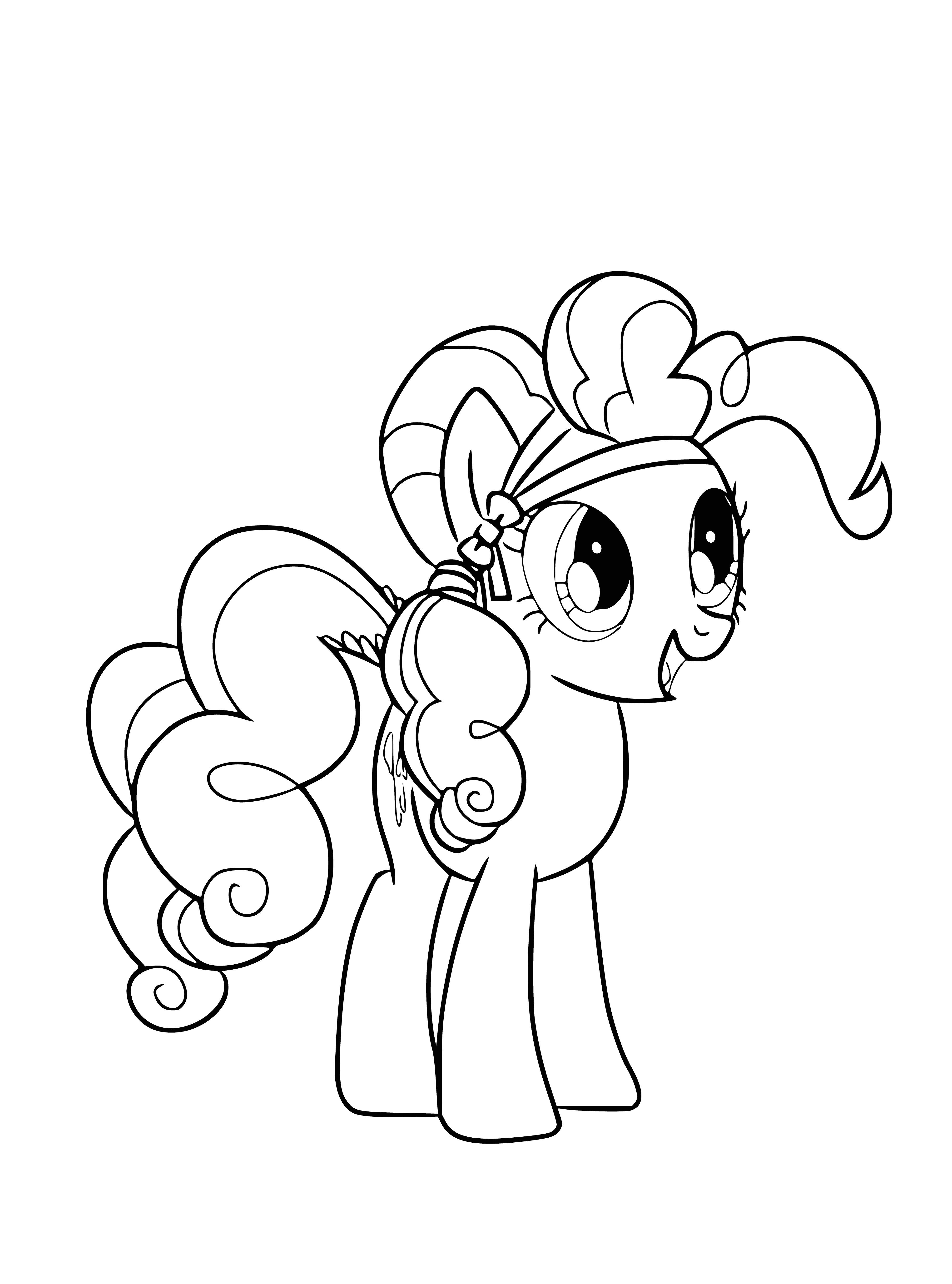 coloring page: She loves to play games and have parties with her friends.

Pink pony with curly mane/tail loves playing games/having parties. Cutie mark is 3 pink balloons!
