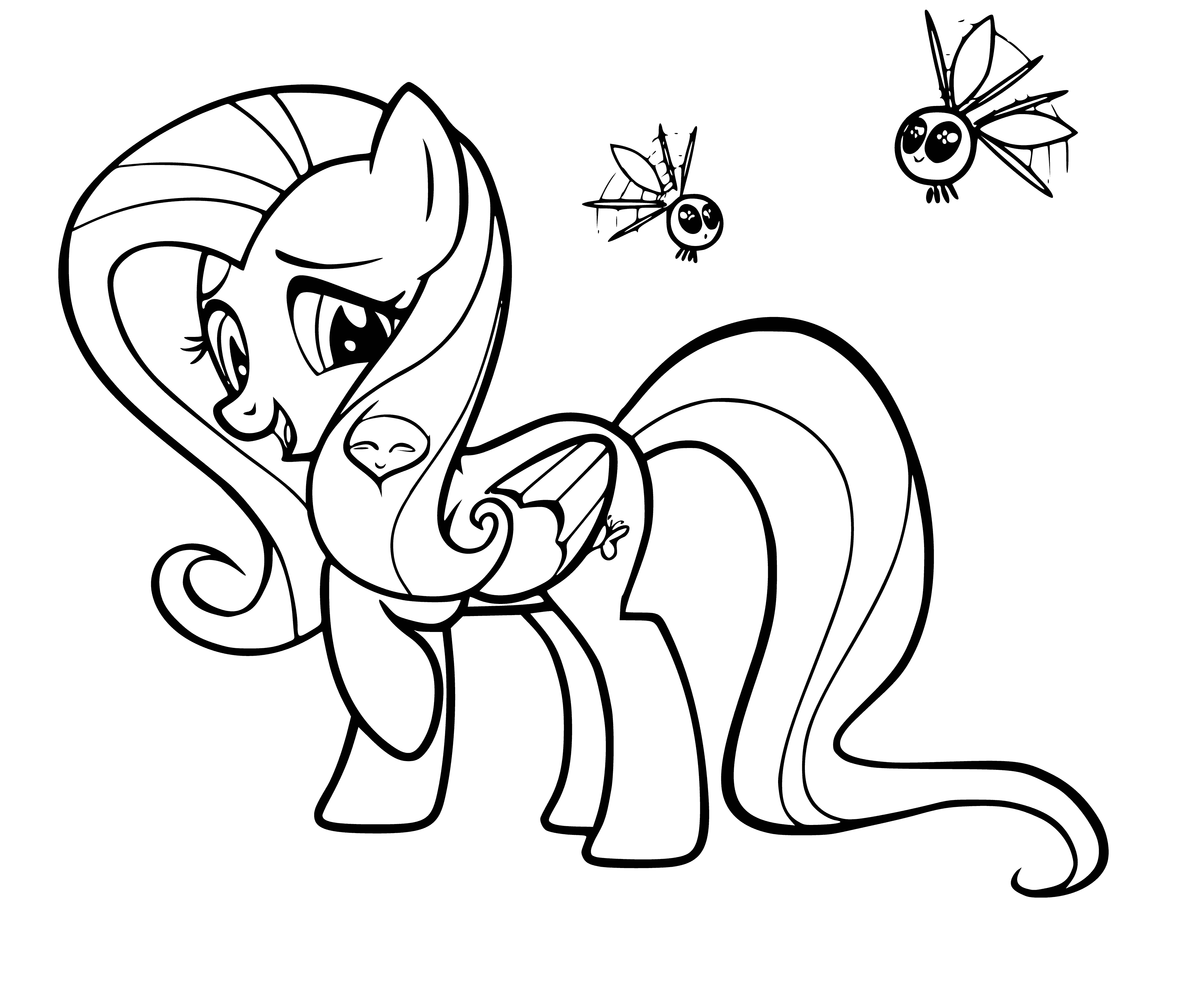 coloring page: A purple pony with a flowing pink mane, blue eyes, and a pink scarf.