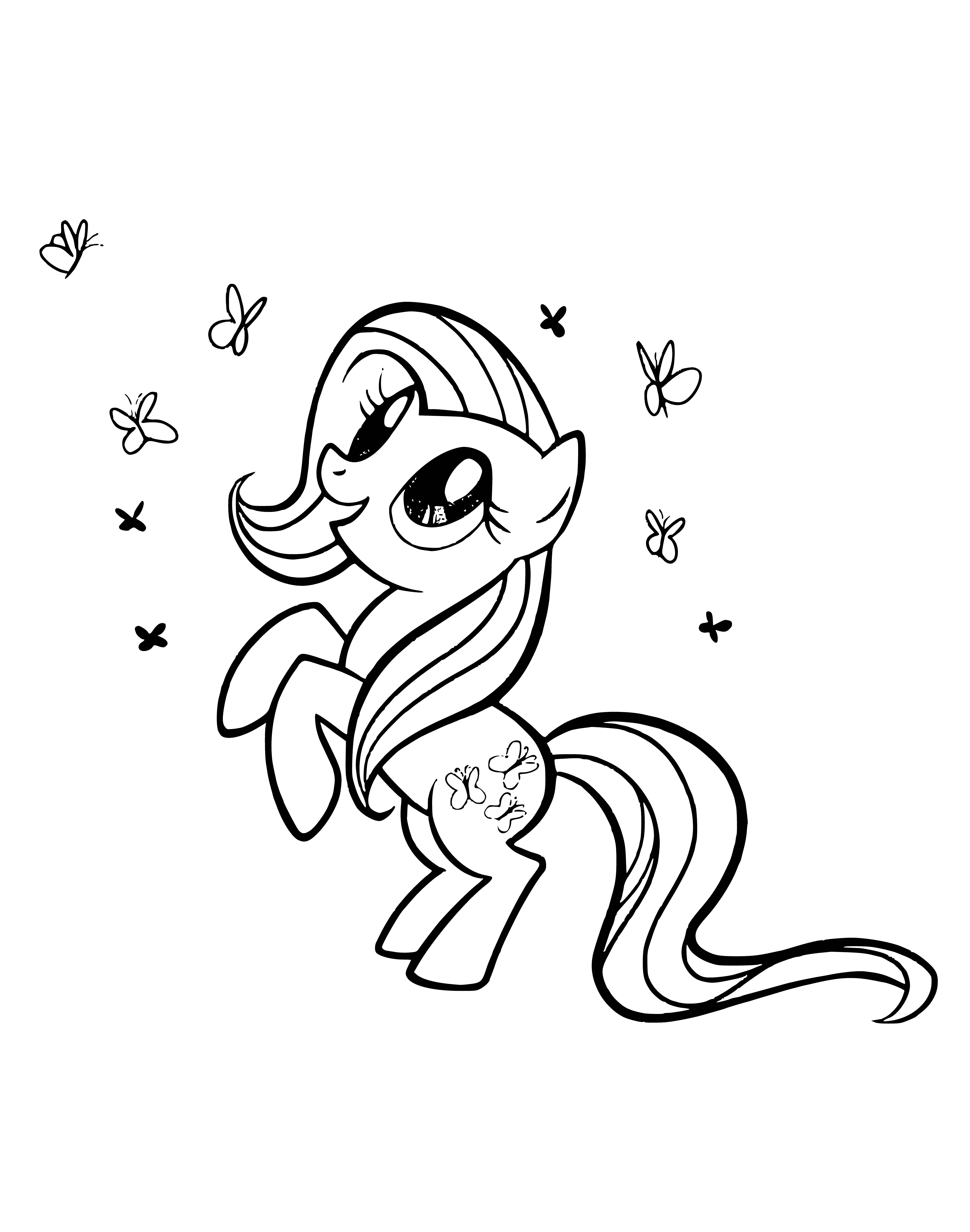 Fluttershy, a serene pony, admires butterflies in a forest with tall trees & a stream. A perfect coloring page for MLP fans!