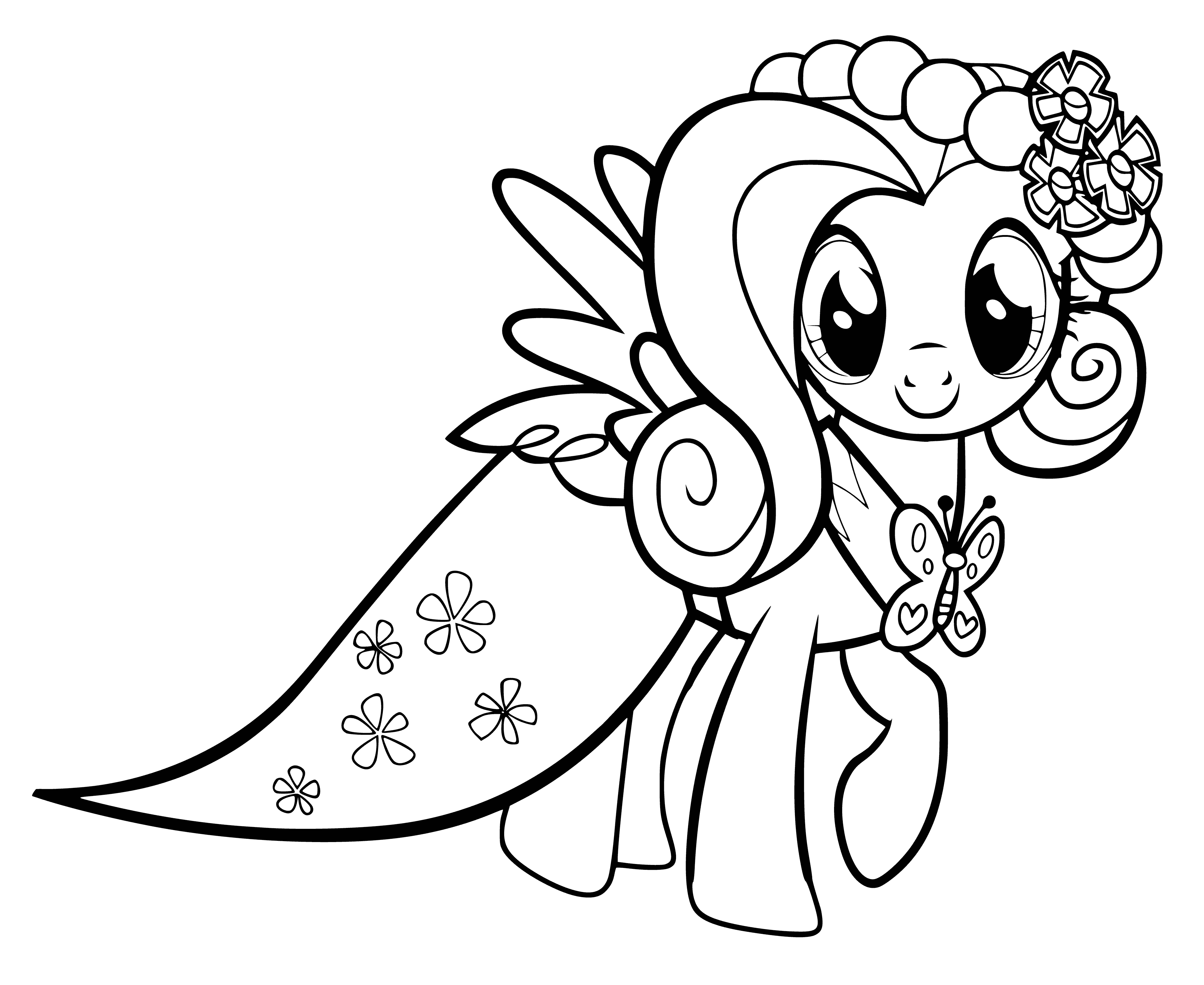 coloring page: Cheerful yellow Pegasus pony stands on a green hill with a bright sun and fluffy clouds. Big blue eyes, a small nose, and a light purple and pink mane and tail. Wings tipped in pink.