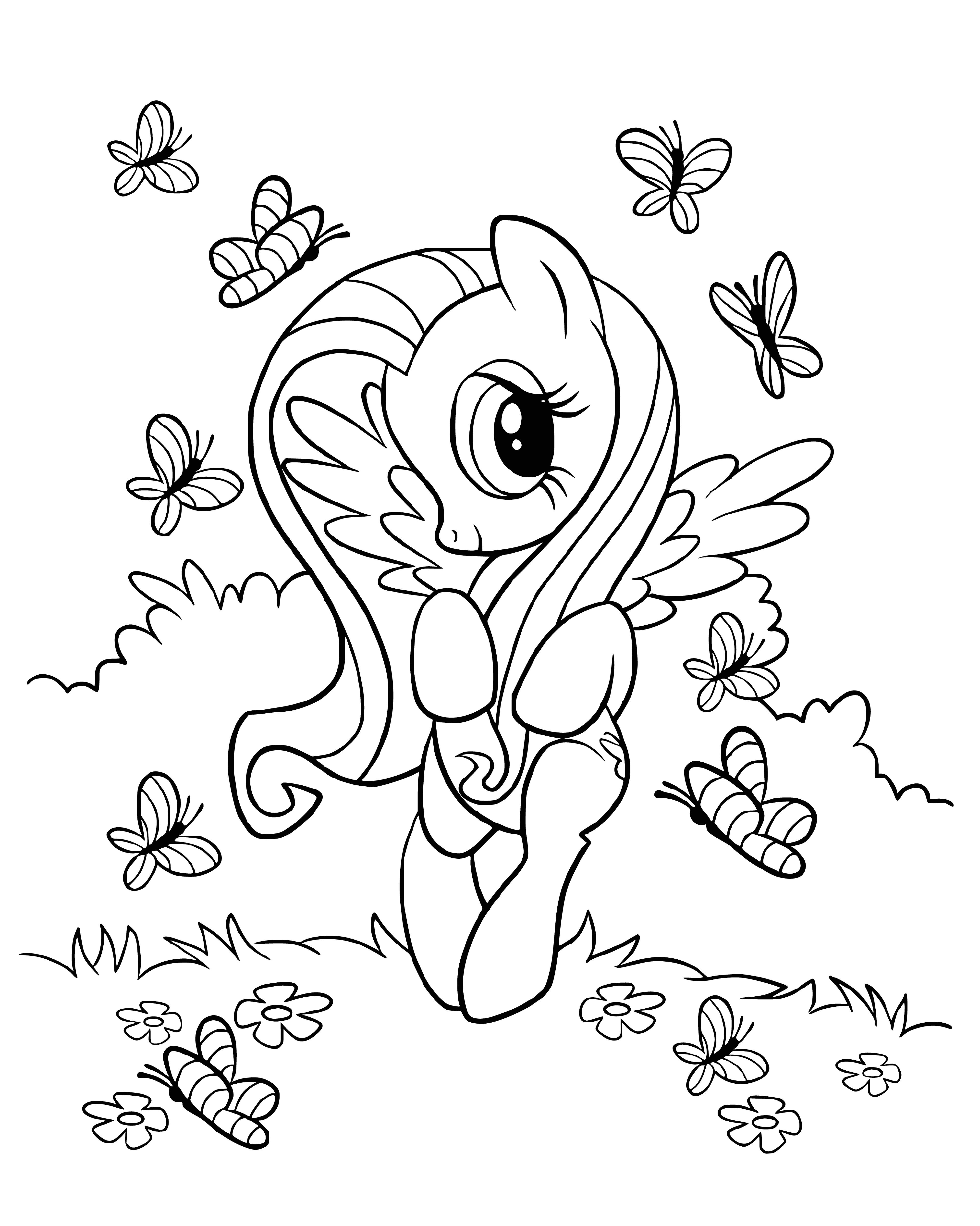 coloring page: Small yellow pony w/ purple mane/tail, gentle face/long pink lashes, 3 pink flowers cutie mark, standing in meadow full of tall grasses/wildflowers.