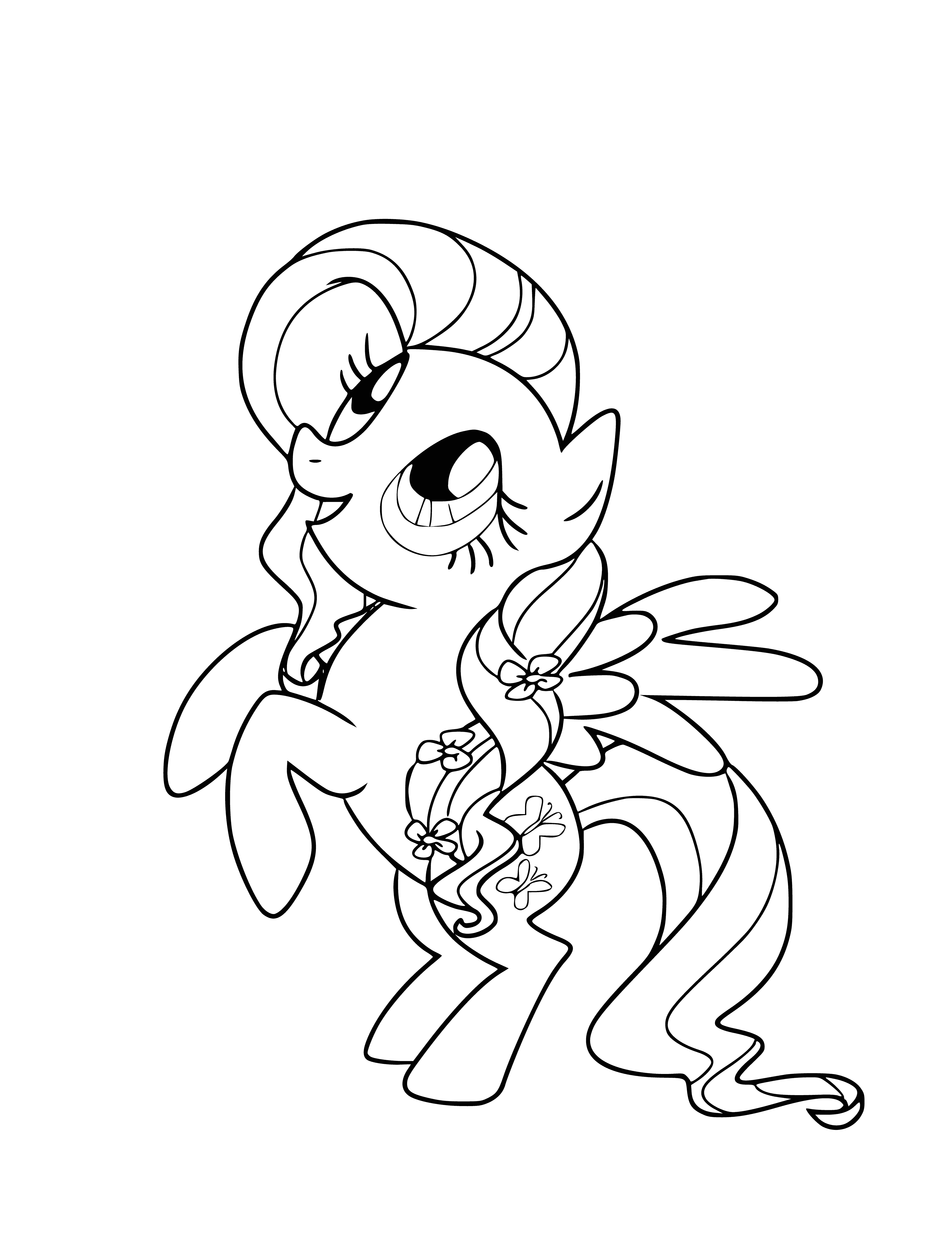 coloring page: Fluttershy is a gentle, shy yellow pony w/ pink mane/tail, big blue eyes & 3 pink butterflies Cutie Mark; loves animals & cares for them.