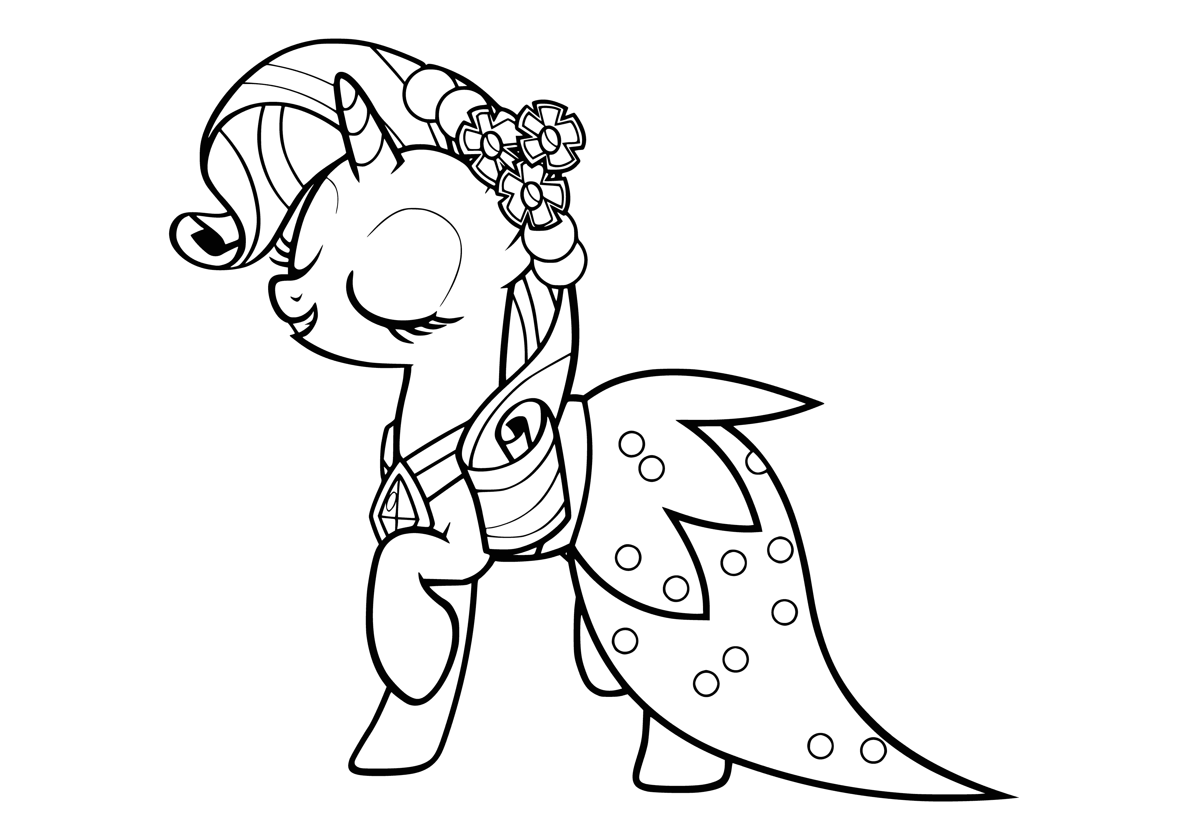 coloring page: Adorable white pony w/ flowing mane & tail, pink & purple diamonds on flank.
