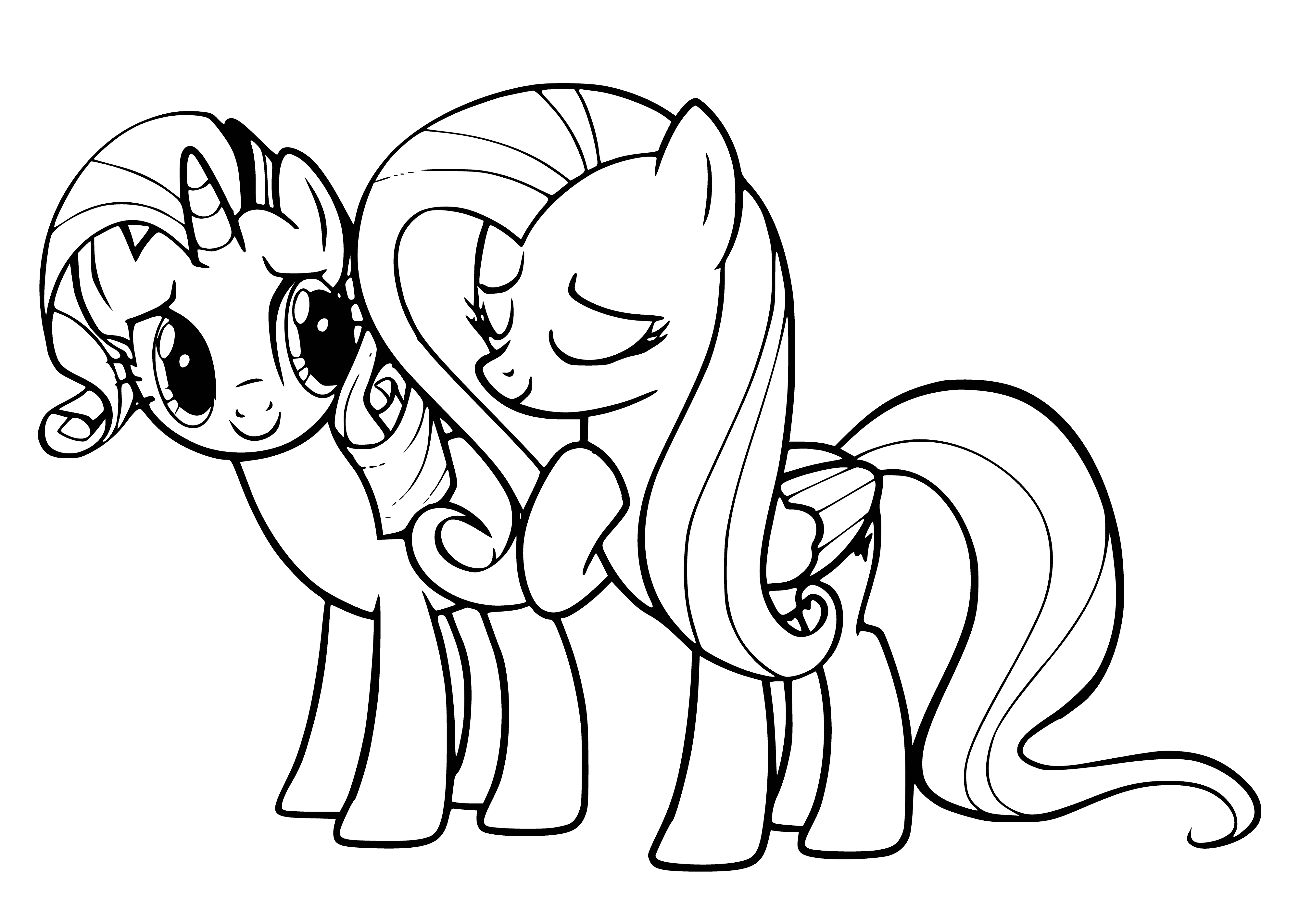 coloring page: Rarity & Fluttershy stand in a lush meadow, Rarity wearing an exquisite dress & Fluttershy with a butterfly on her flank. #MyLittlePony