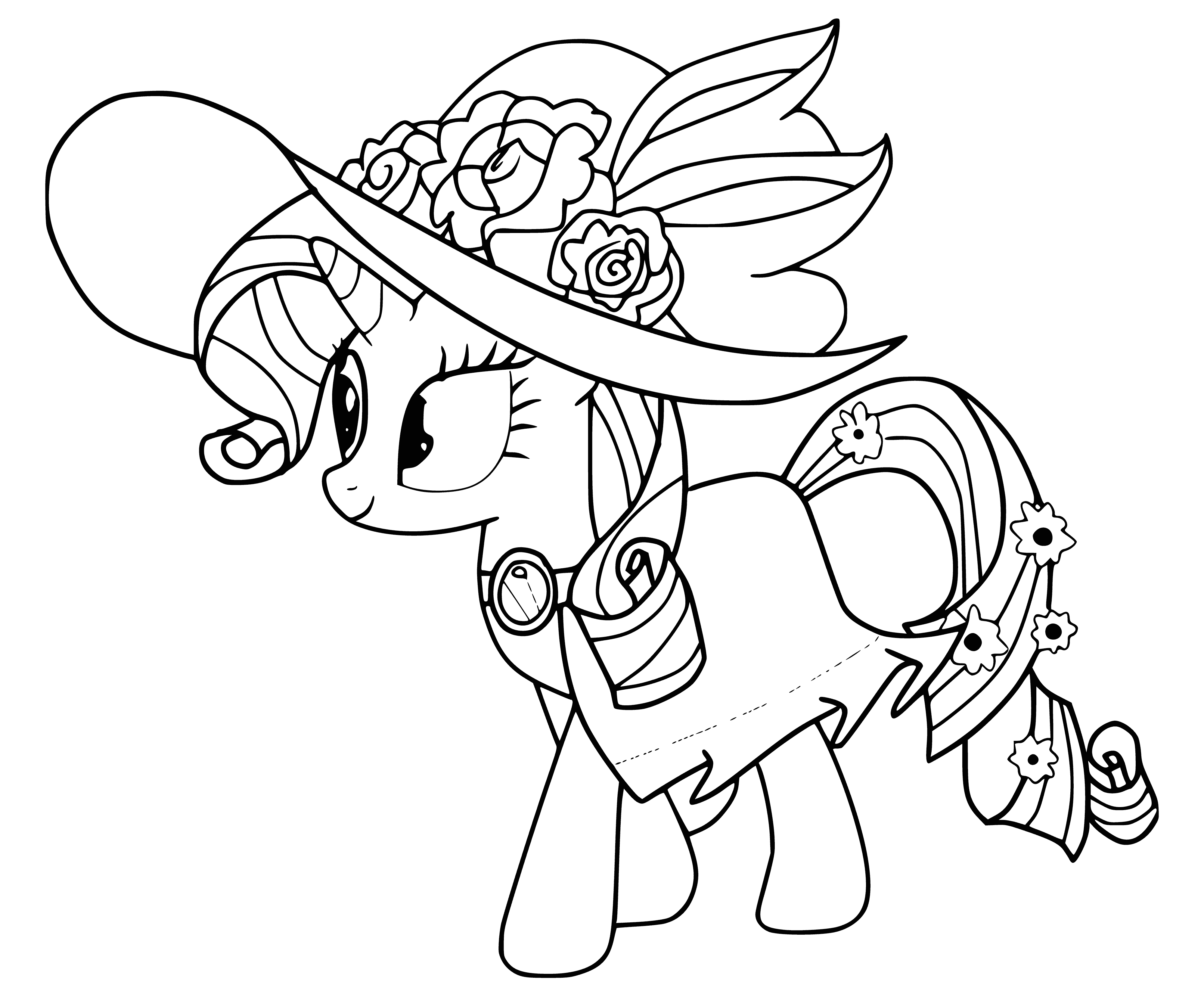 coloring page: Girl riding a white horse in blue saddle and bridle holds a pink parasol and a basket of flowers. Wears blue dress, white apron, pink bow, and large white hat.
