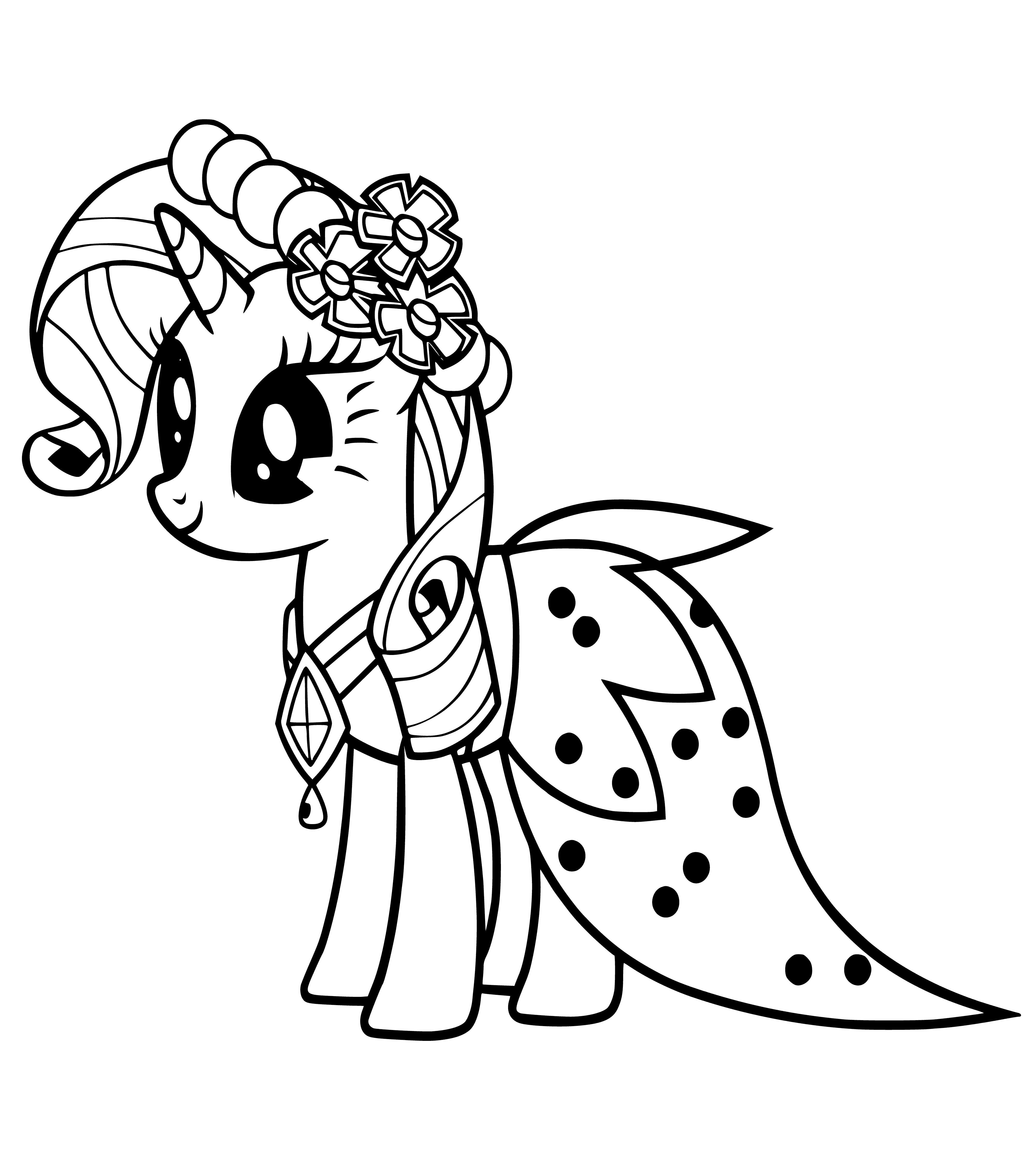 coloring page: A beautiful, rare pony with shimmering white coat, long mane & tail, & gentle loving face.