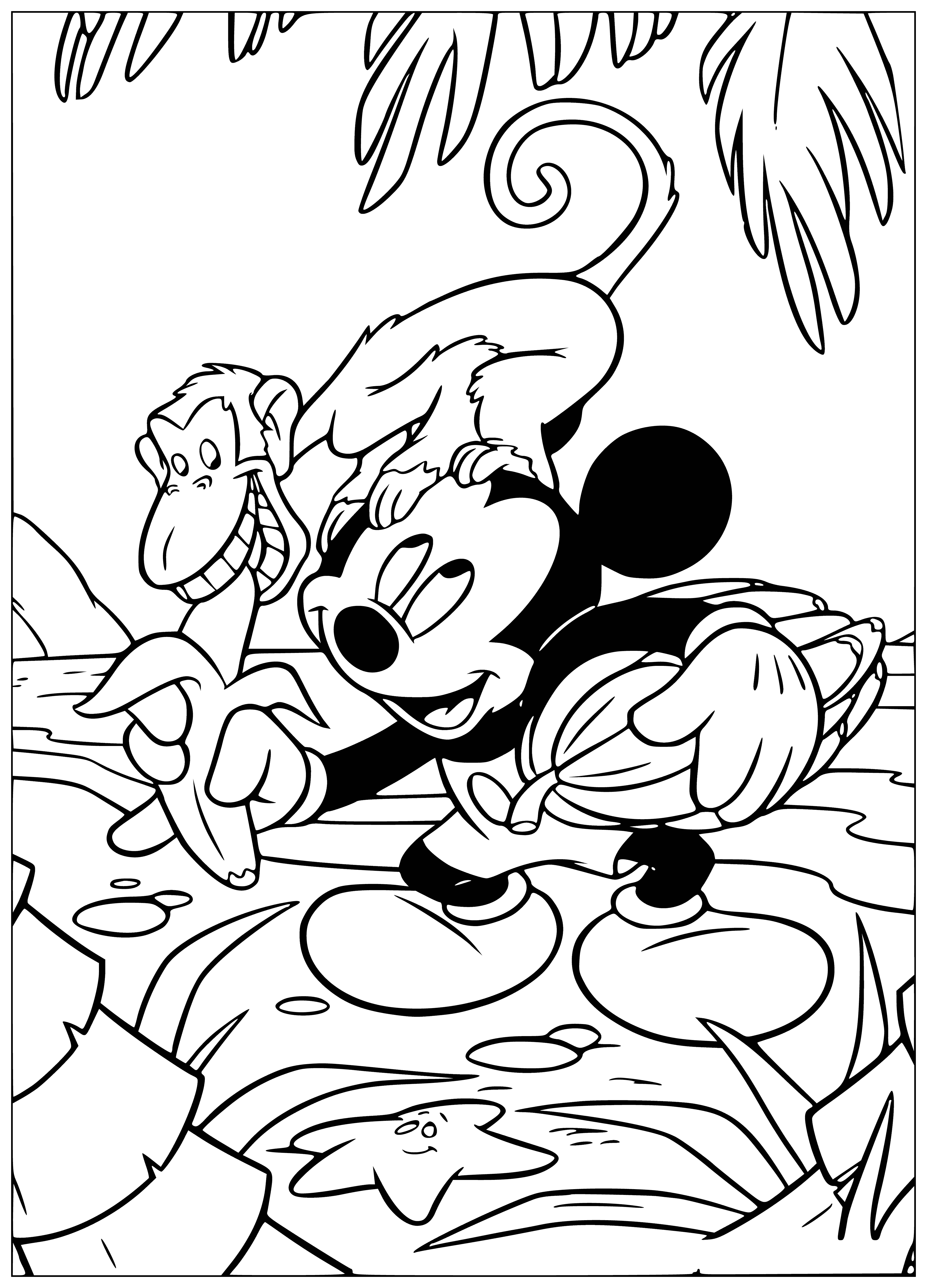 coloring page: Cartoon monkey holds banana, reaches to top of page where "Mickey Mouse & Co" written in black text.