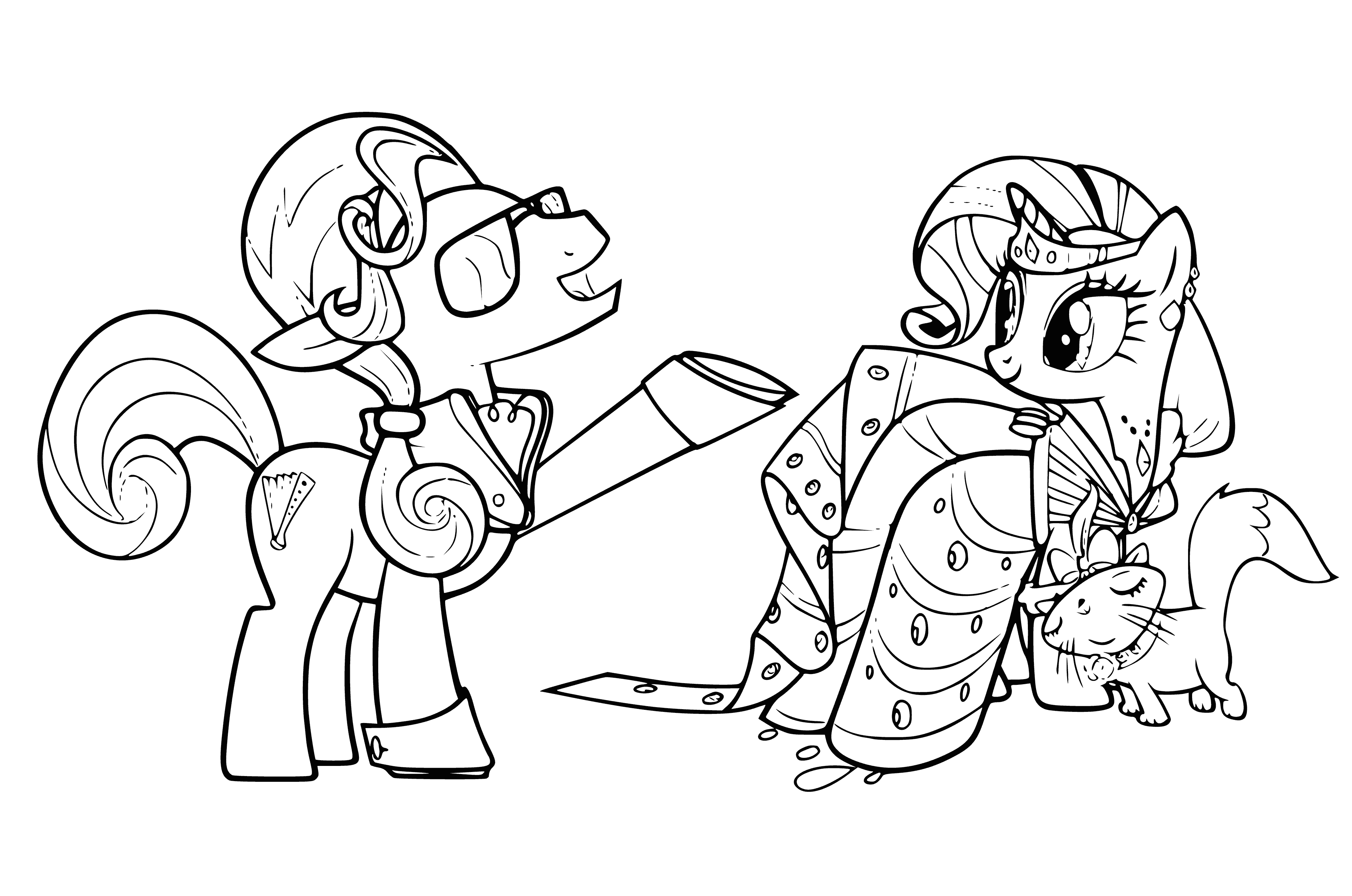 coloring page: White unicorn Rarity has a purple and pink mane, 3 pink diamonds cutie mark. Stands in a flowery field with pet dog.