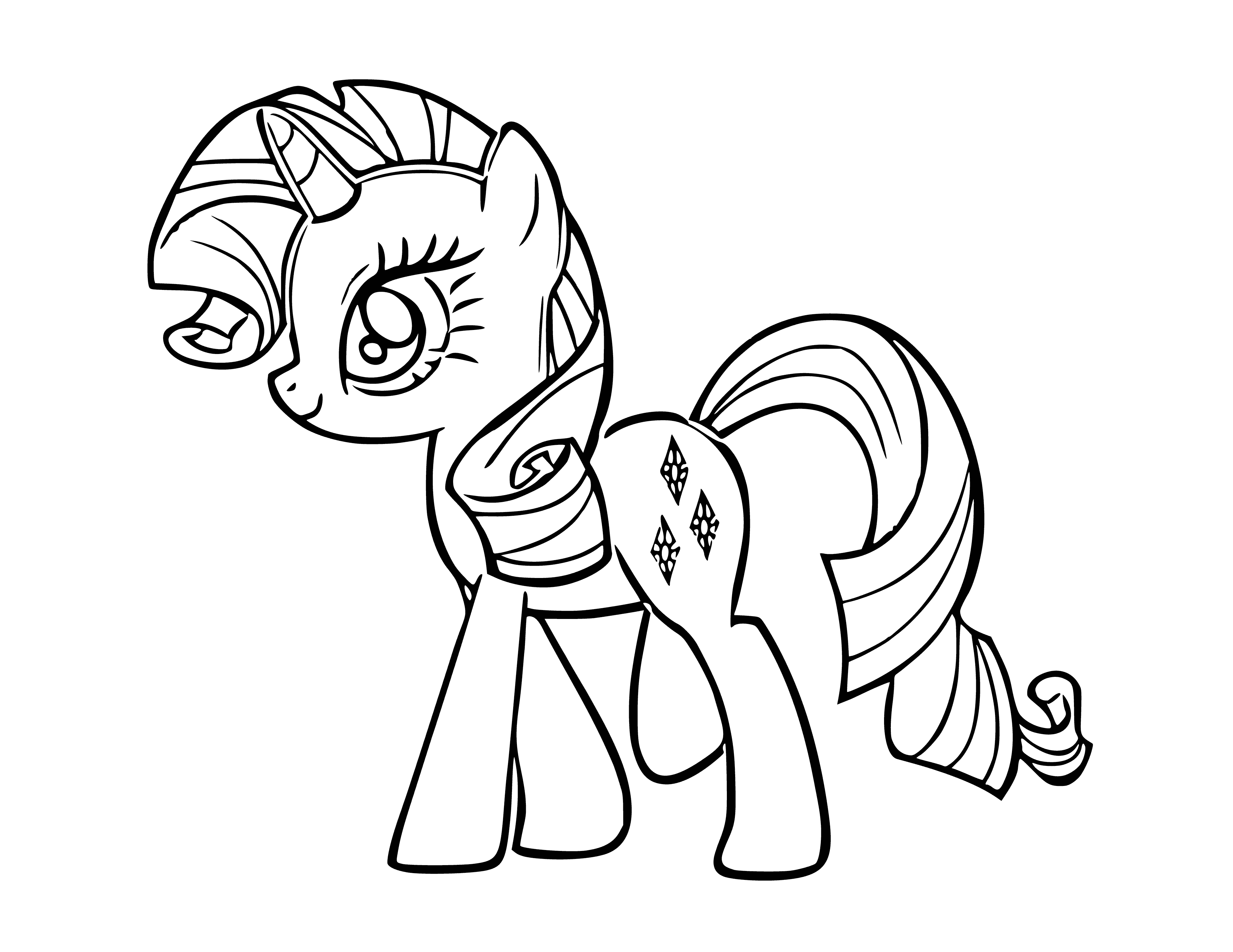 coloring page: White toy pony with blue mane/tail, pink nose/blue eyes, wearing pink ribbon around neck- This is the Rarity Pony Rariti. #toys
