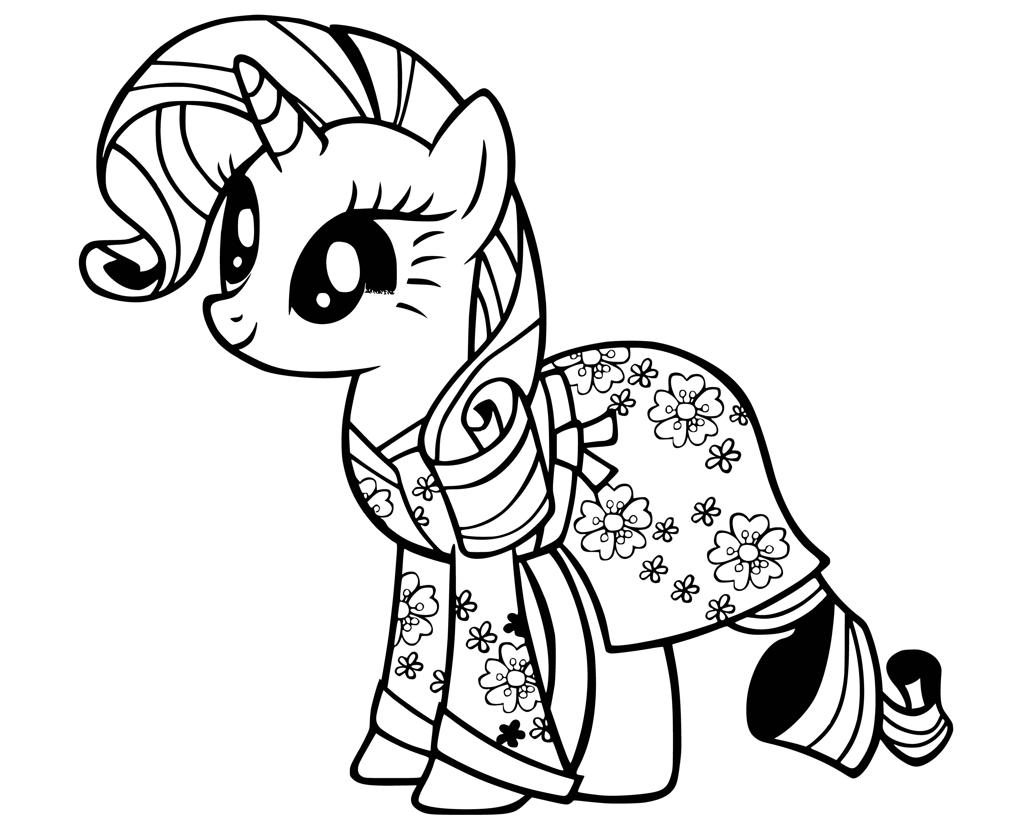 coloring page: Pale mare Rarity wears a floral-print dress, white gloves, and a tiara w/ a pink gem.