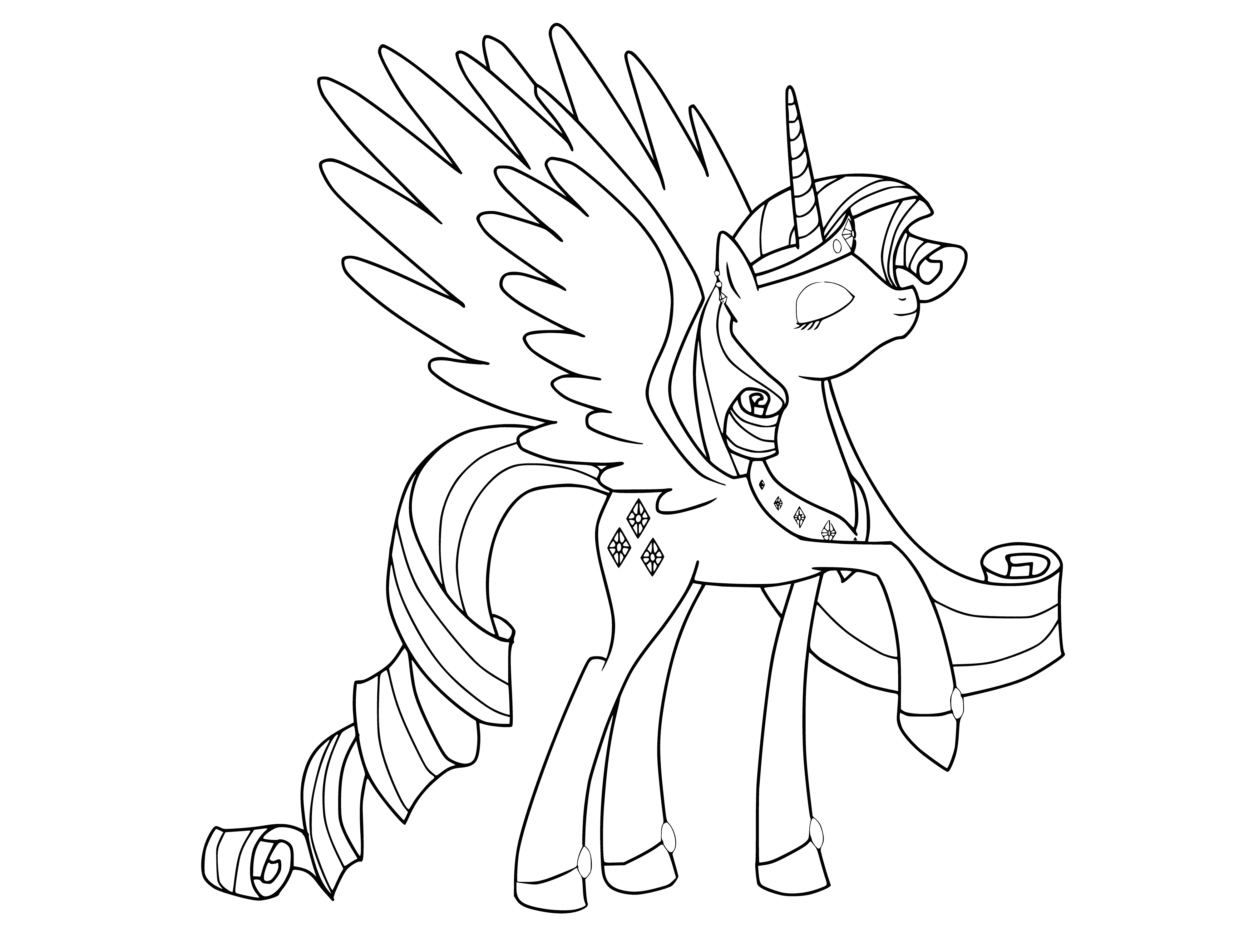 coloring page: Person with magenta hair in lavender gown and a jeweled necklace, arms raised and eyes closed, with wings extended.
