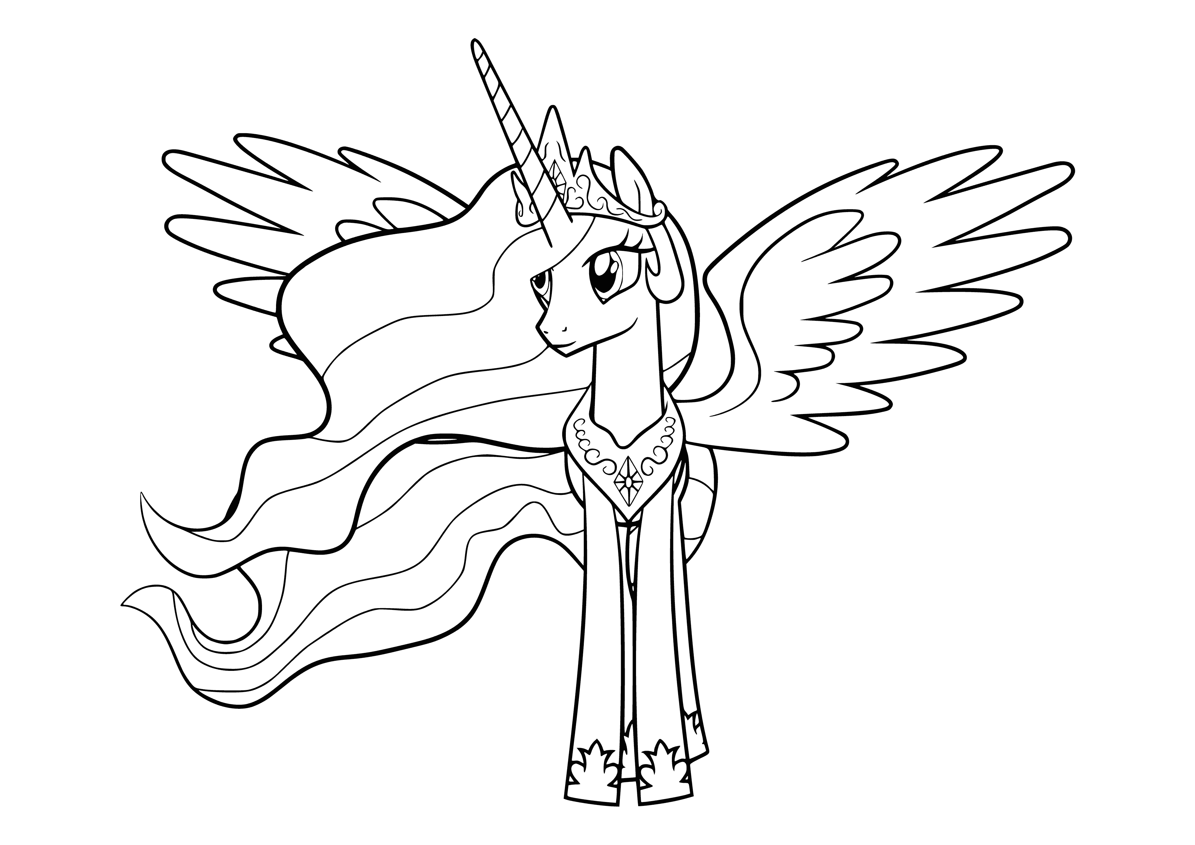 coloring page: A majestic white unicorn stands before the sun, gold mane/tail sparkling. Kind eyes full of wisdom and compassion.