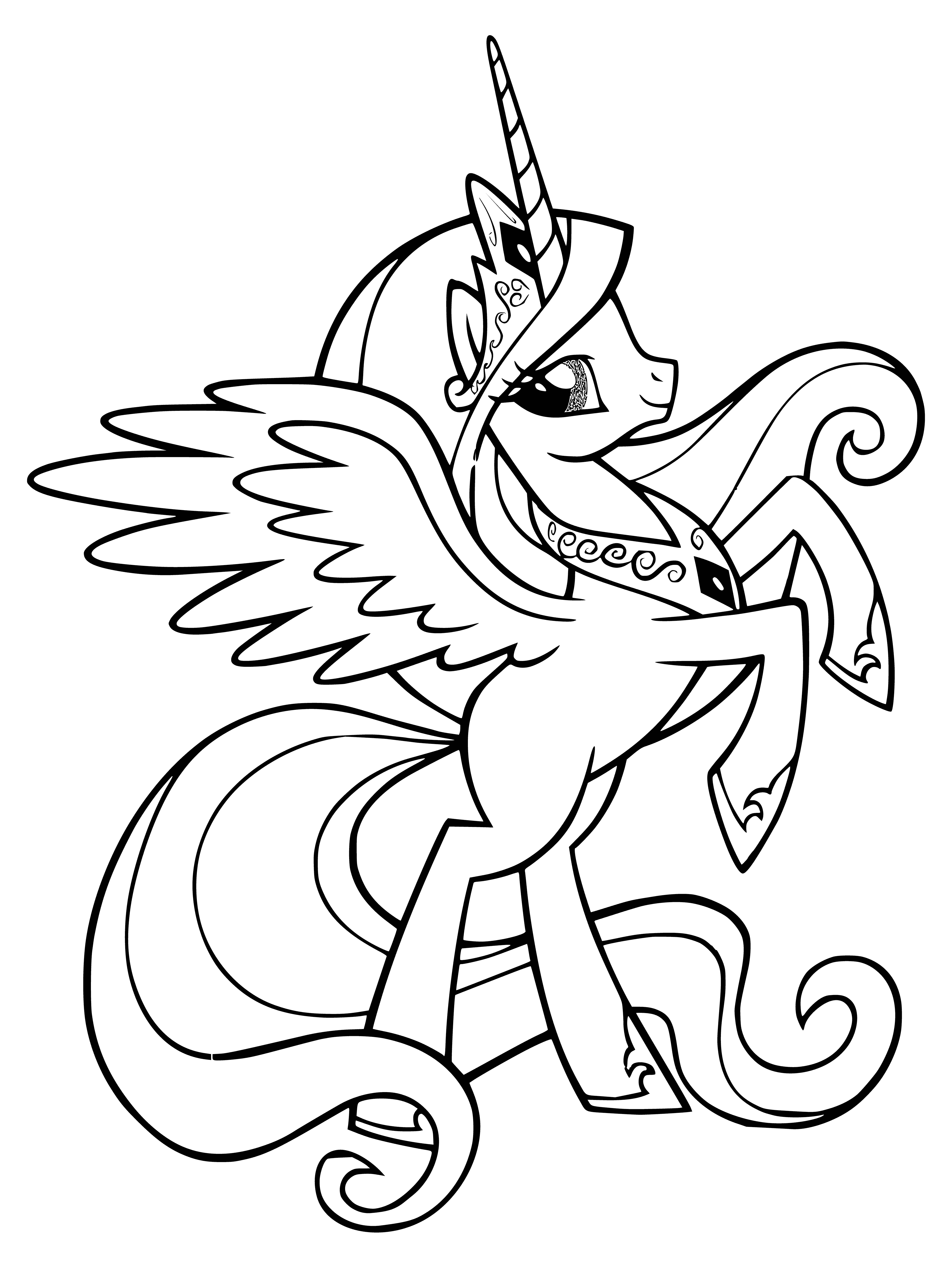 coloring page: Princess Celestia: serene expression, shimmering blue eyes, golden crown, glittering cape, could light up the night sky with her magic.