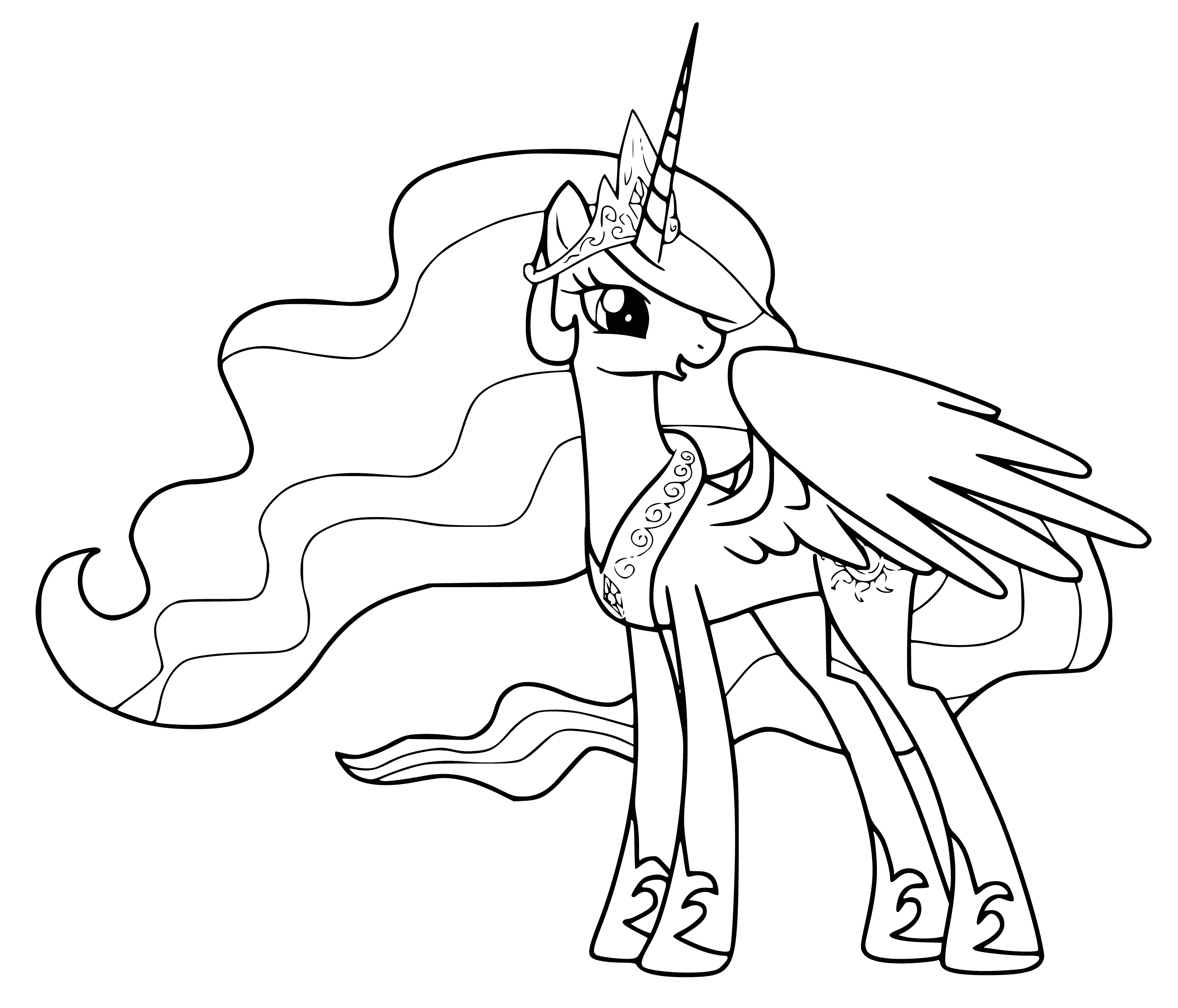coloring page: Pony Princess Celestia is a light pink pony with a white mane & tail, gold crown & necklace, gold star, & blue eyes. #MyLittlePony