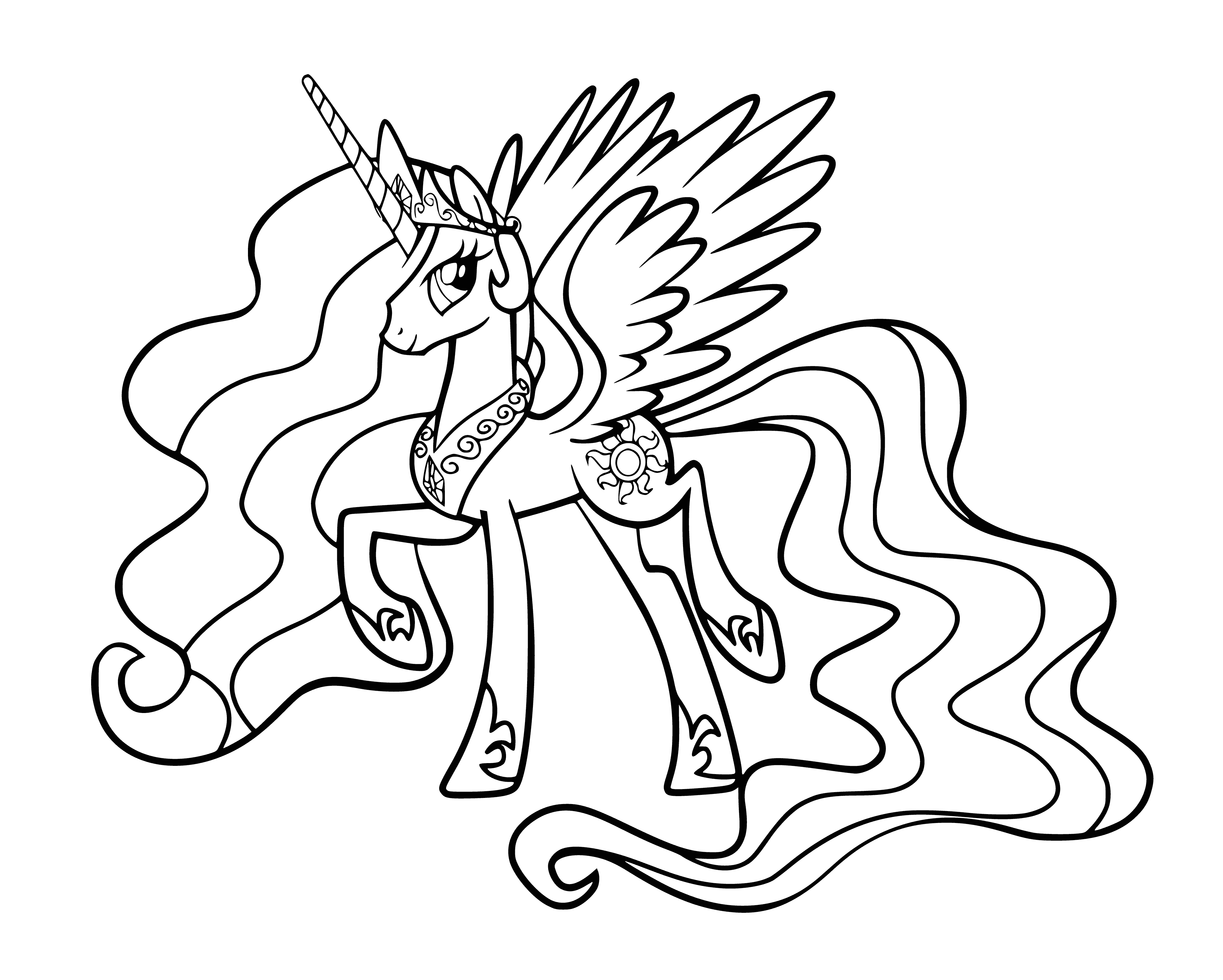 coloring page: Princess Celestia is an alicorn mare ruling Equestria & mentoring Twilight Sparkle; white w/ long mane & tail, blue eye marking, sun & star cutie mark.