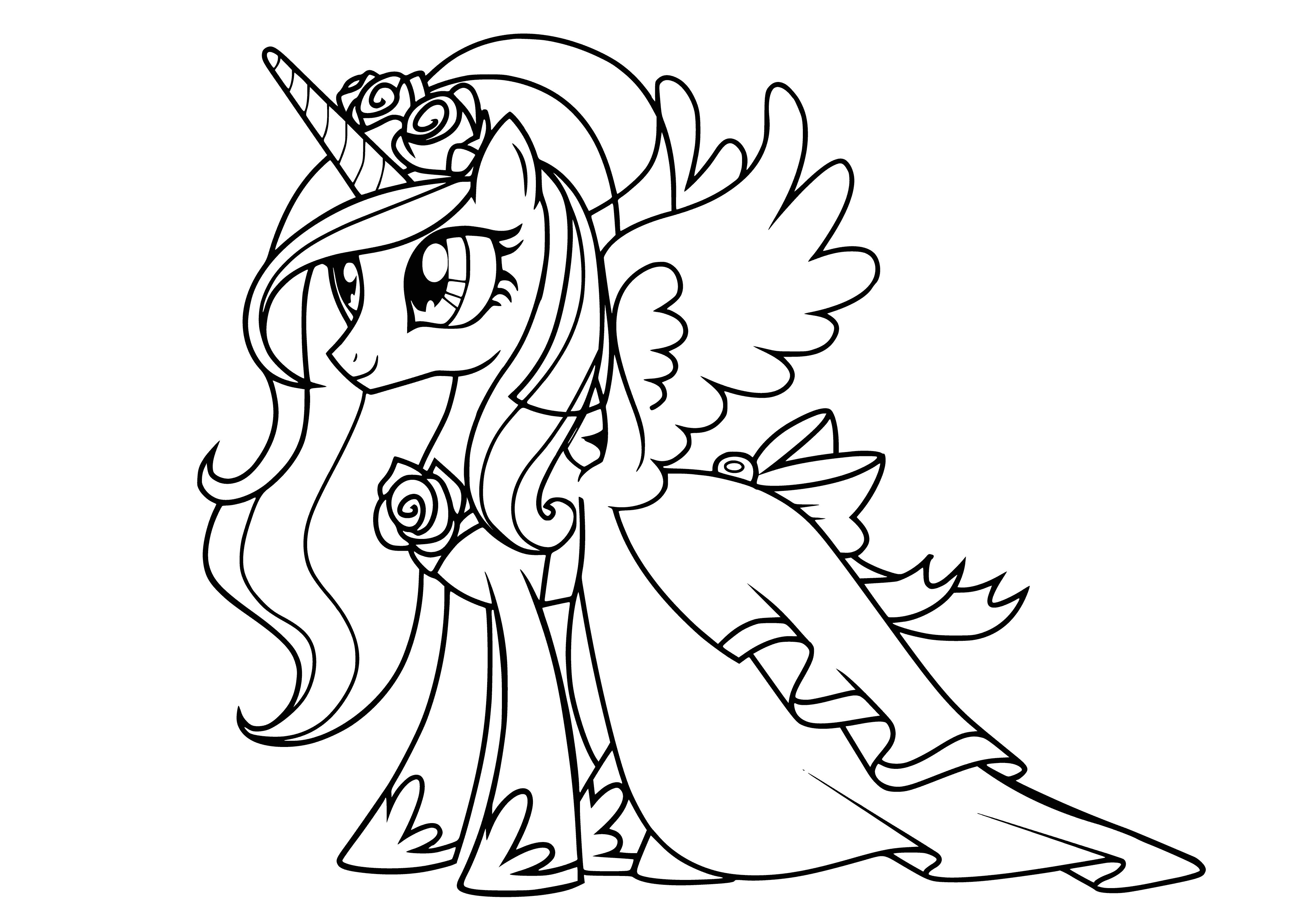 Blonde princess with pink dress, crown, wand, and smile on face in coloring page.