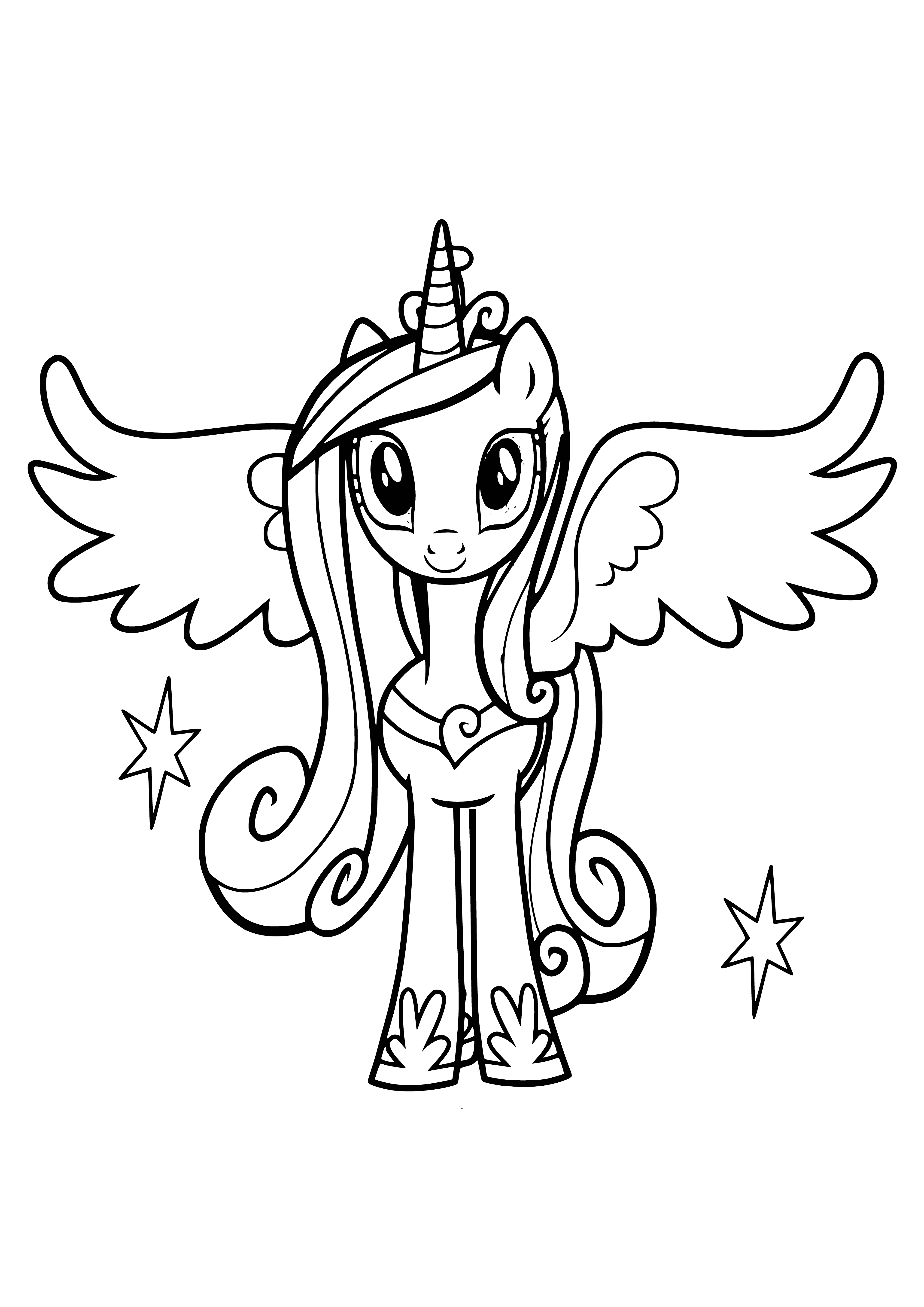 coloring page: A magenta alicorn pony with a white mane & tail, silver crown, pink heart, & blue eyes stands on a pink cloud.