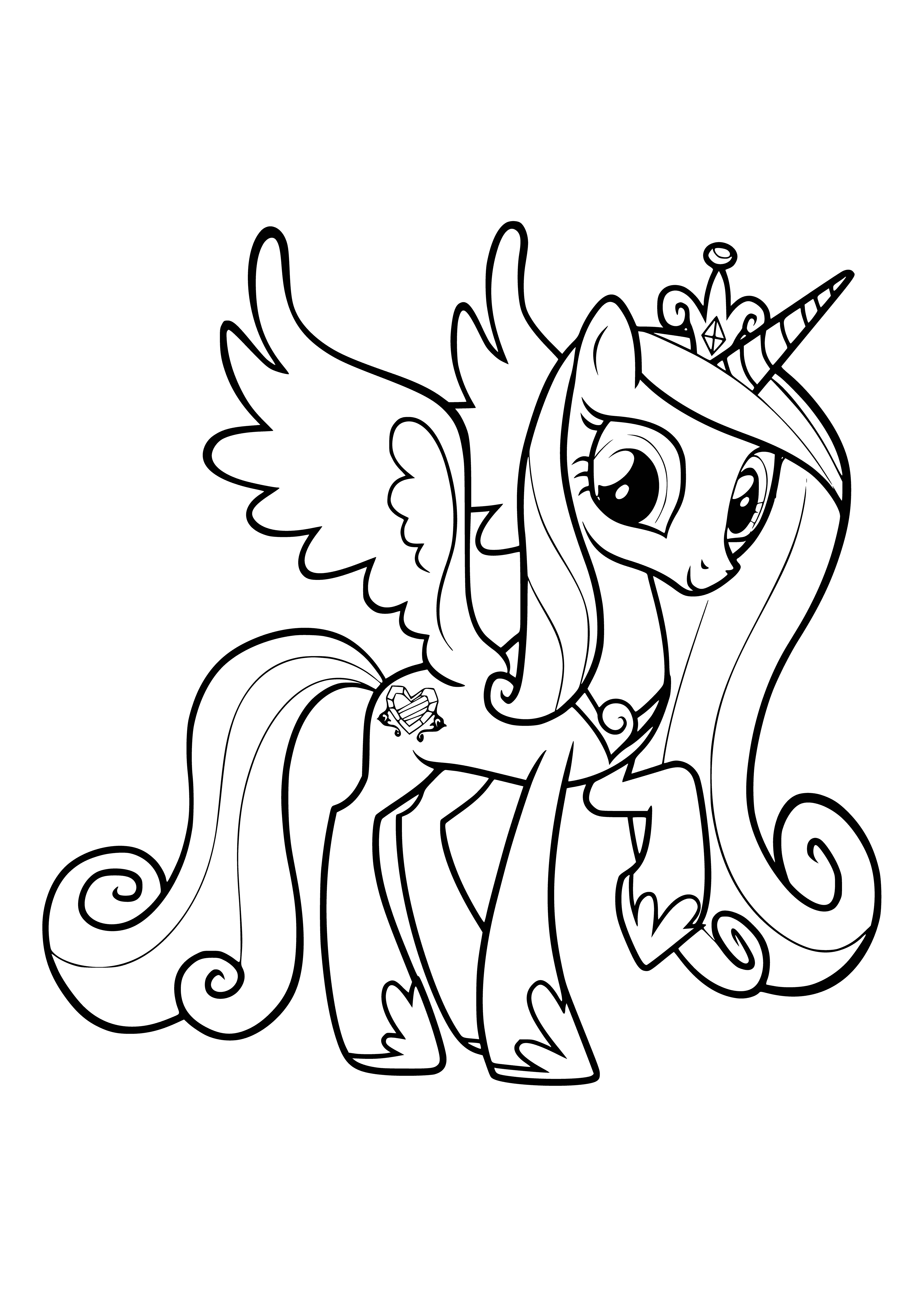 coloring page: Princess Cadance born, daughter of Sombra & Chrysalis. She had blue eyes & pink mane. Enjoyed singing & dancing, beloved by her subjects.