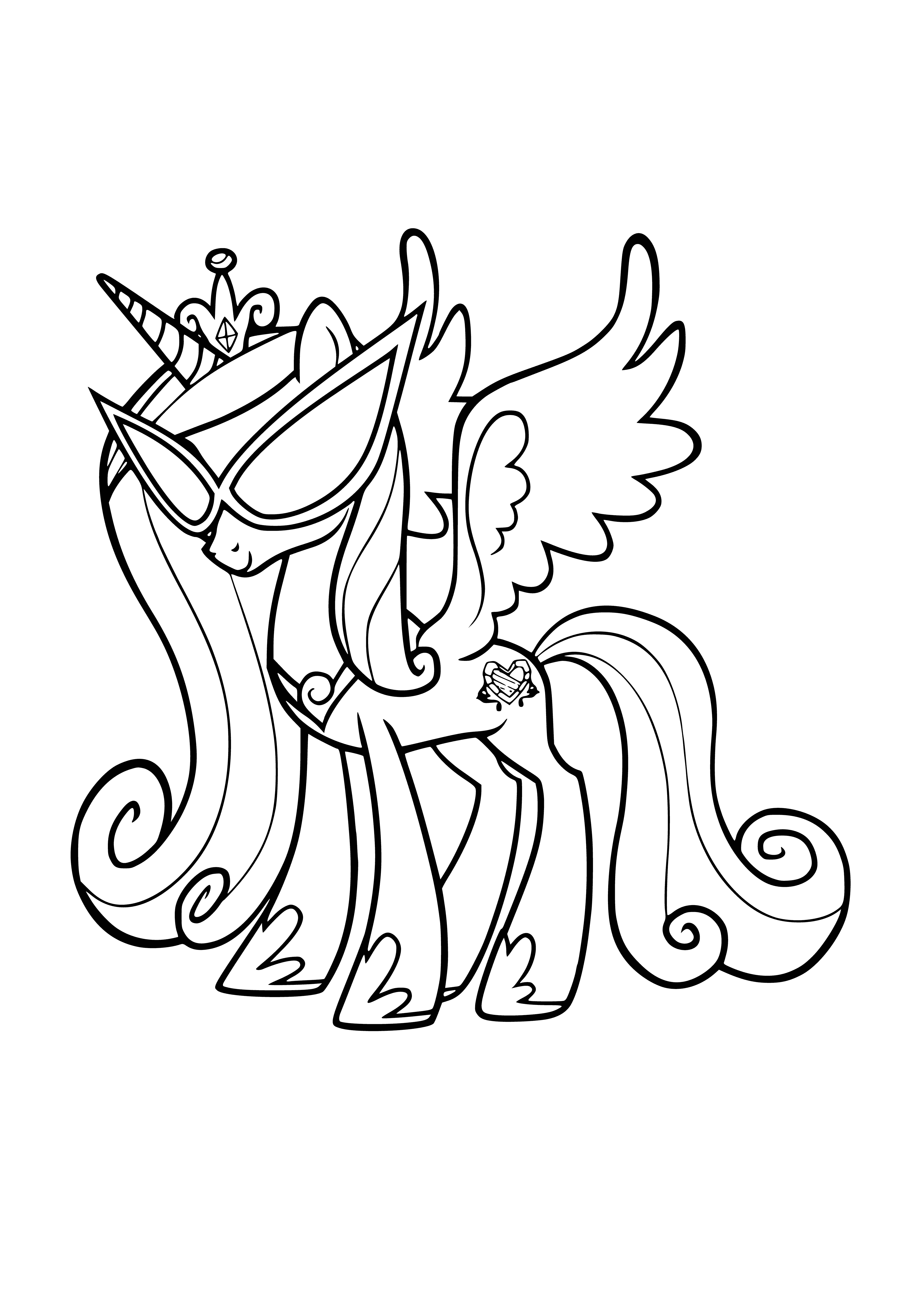 coloring page: Princess in a pink dress wearing a pearl necklace and tiara, with long, flowing hair.