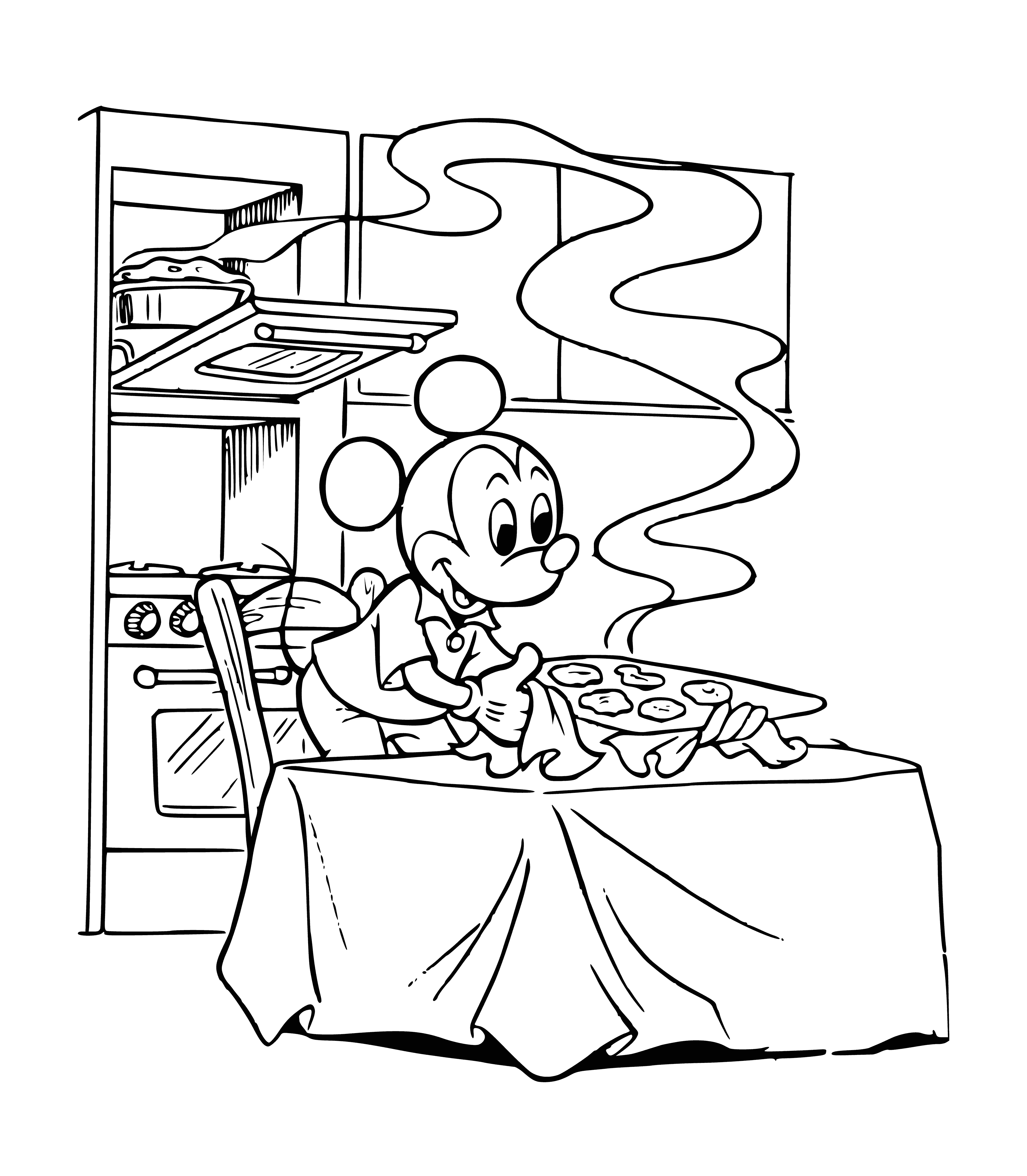 coloring page: Mouse stares longingly at delicious dish on the table.