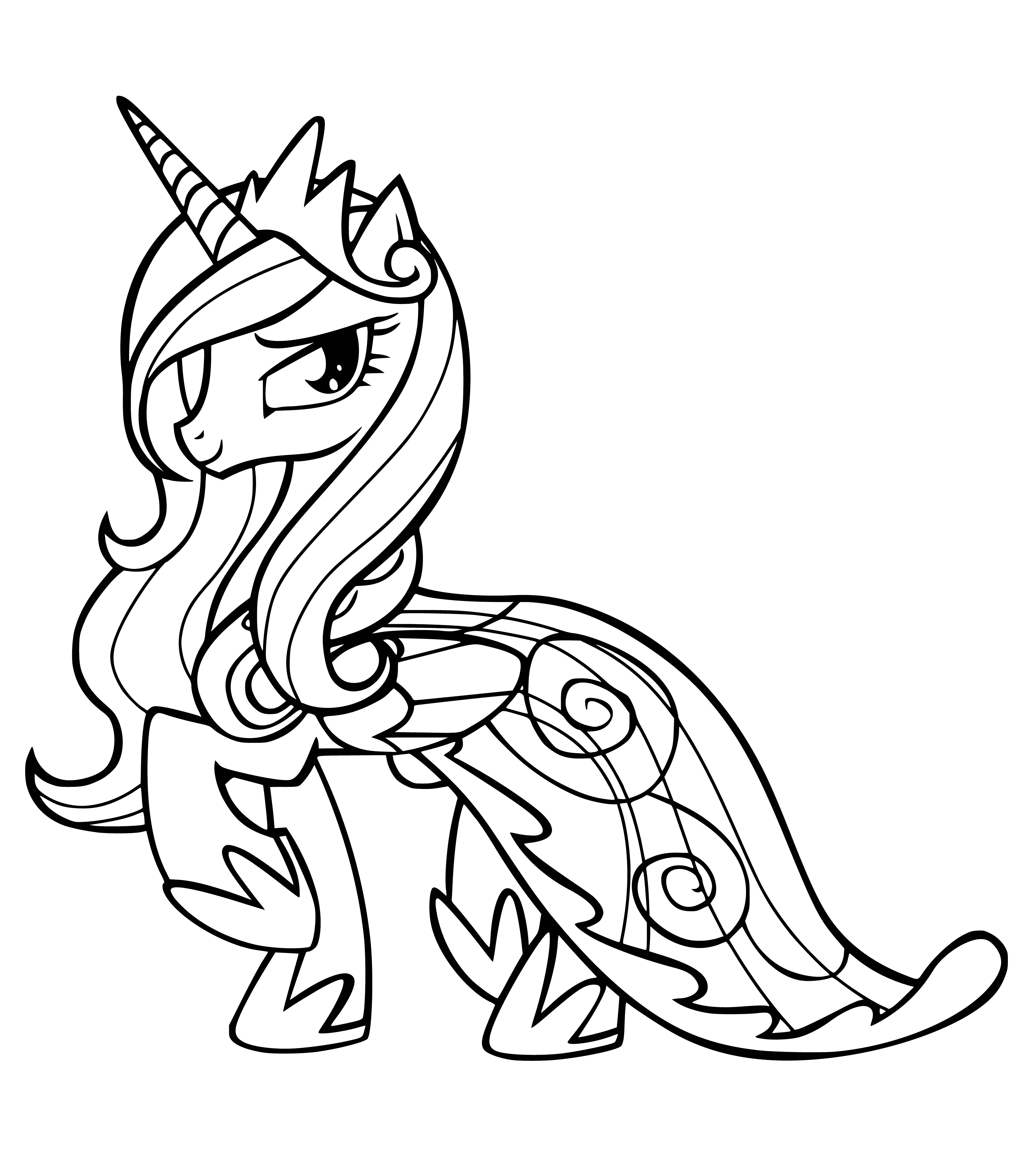 coloring page: Cadance is a light pink pony with a purple mane and tail, holding a crown and wand.