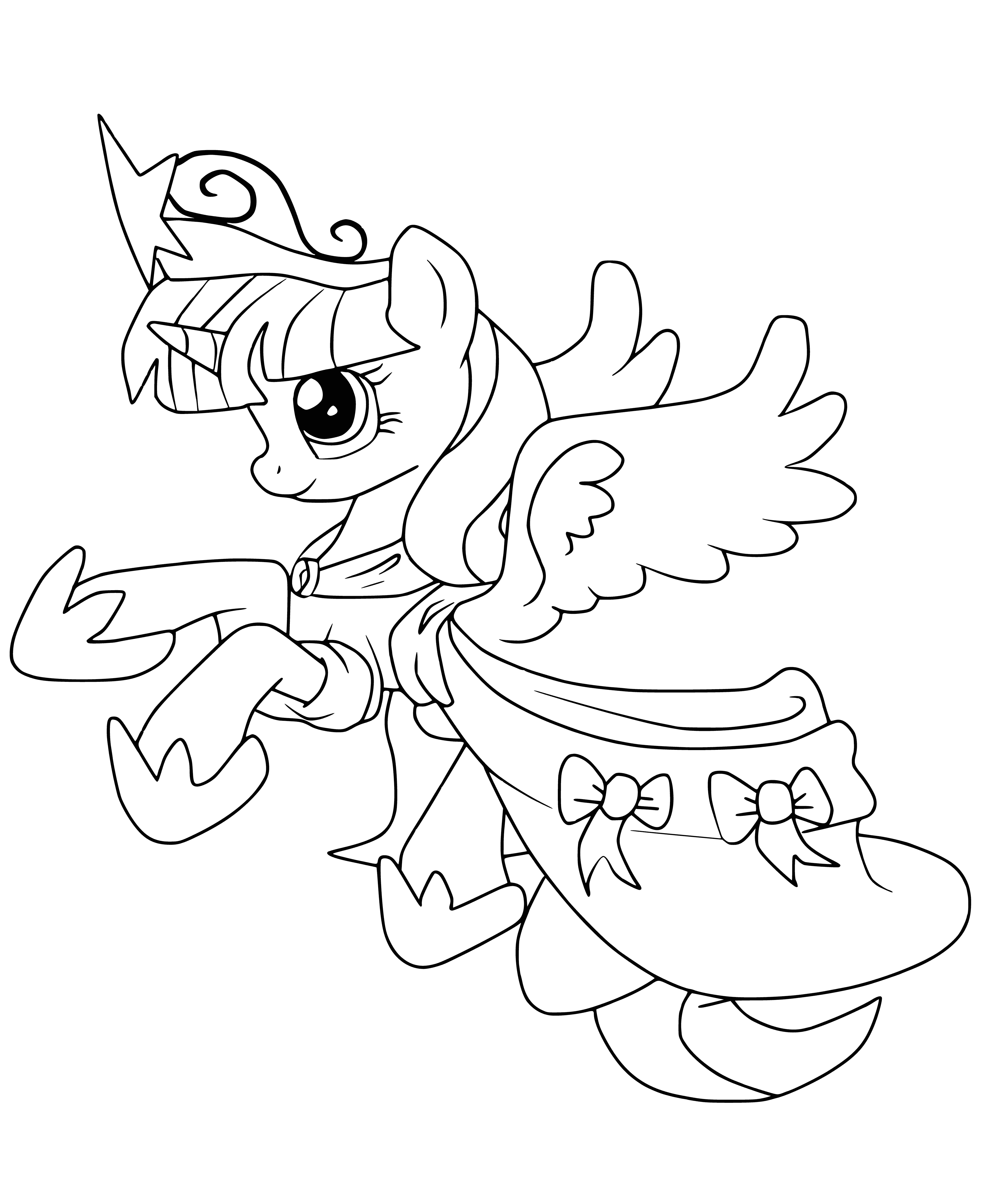 coloring page: Beautiful light pink alicorn with long violet mane/tail; wears gold tiara & necklace with purple gems; striped wing & light pink tail.