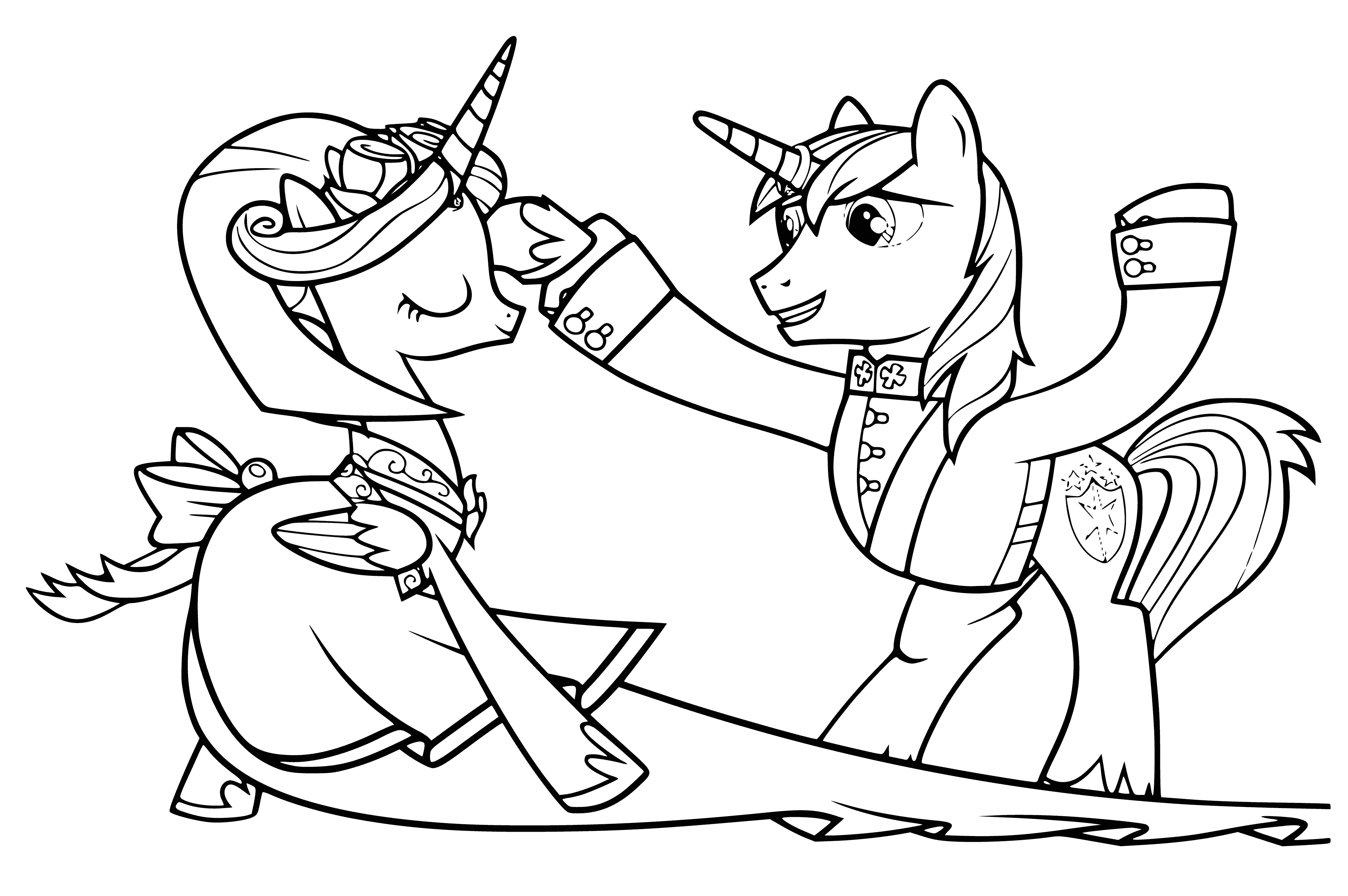 coloring page: A sweet scene: Princess Cadence & Shining Armor in stunning garb, lovingly looking into each other's eyes.