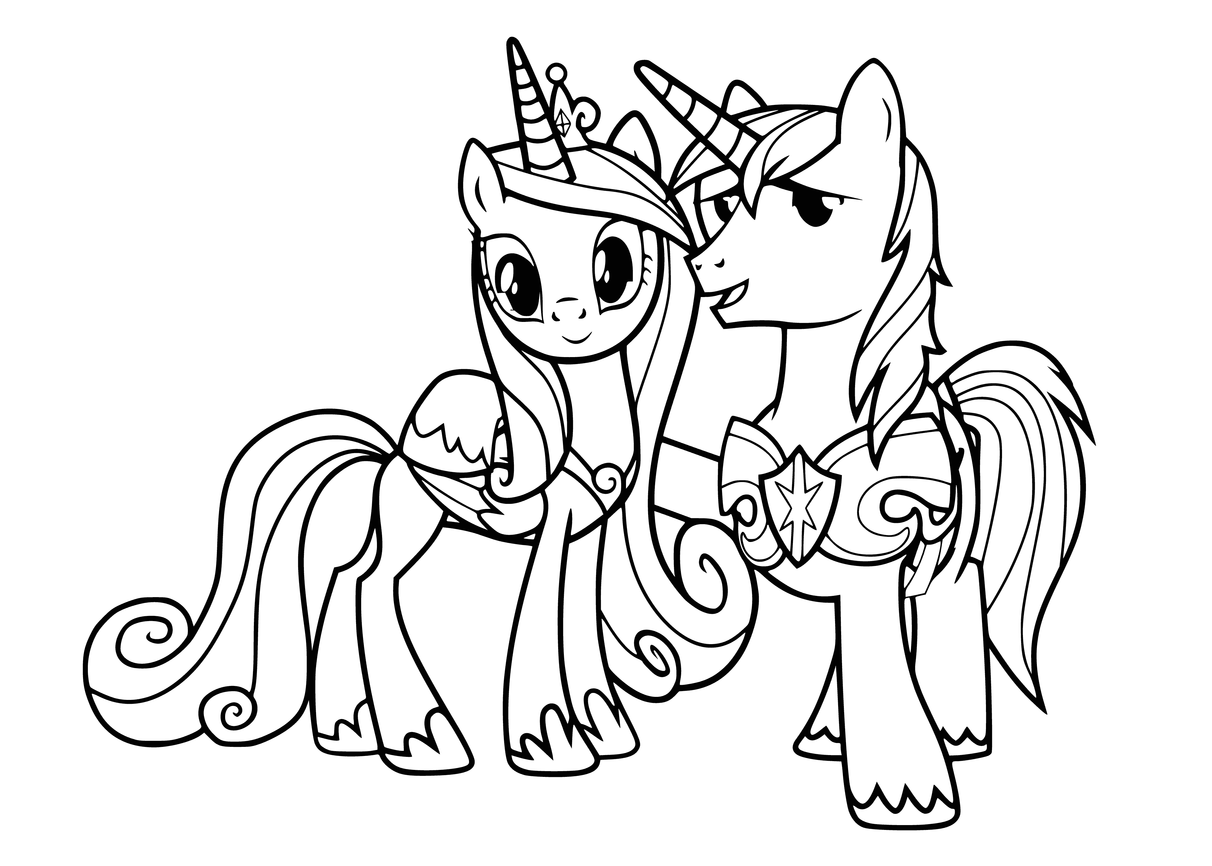 coloring page: Princess Cadance and her husband Shining Armor stand together in regal attire. She has a pink crown and curly locks, he with blue mane and silver armor. They both look happy and kind.