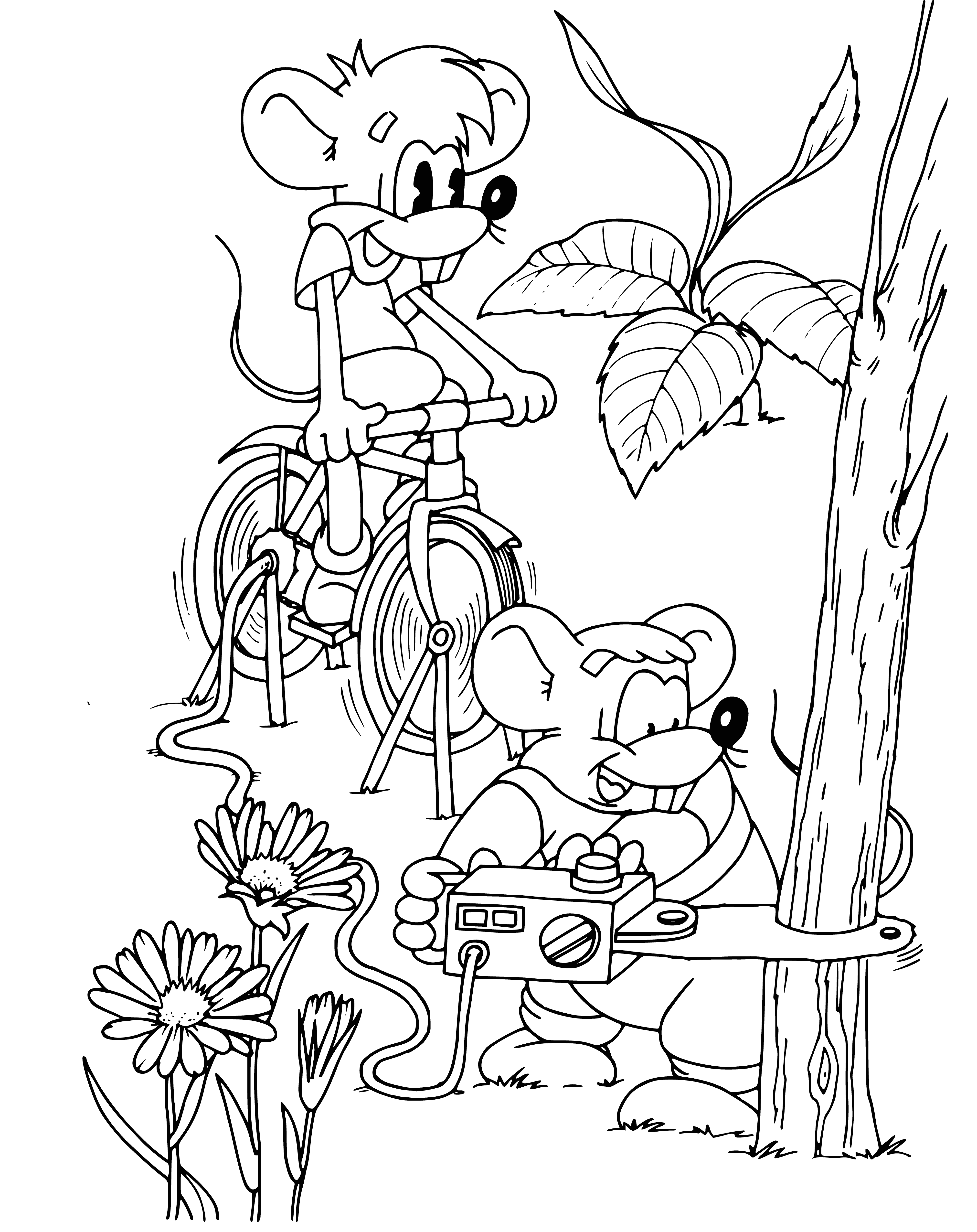 coloring page: Cat stands on checkered floor, 3 mice beg for food; orange fish in bowl gasps for air.