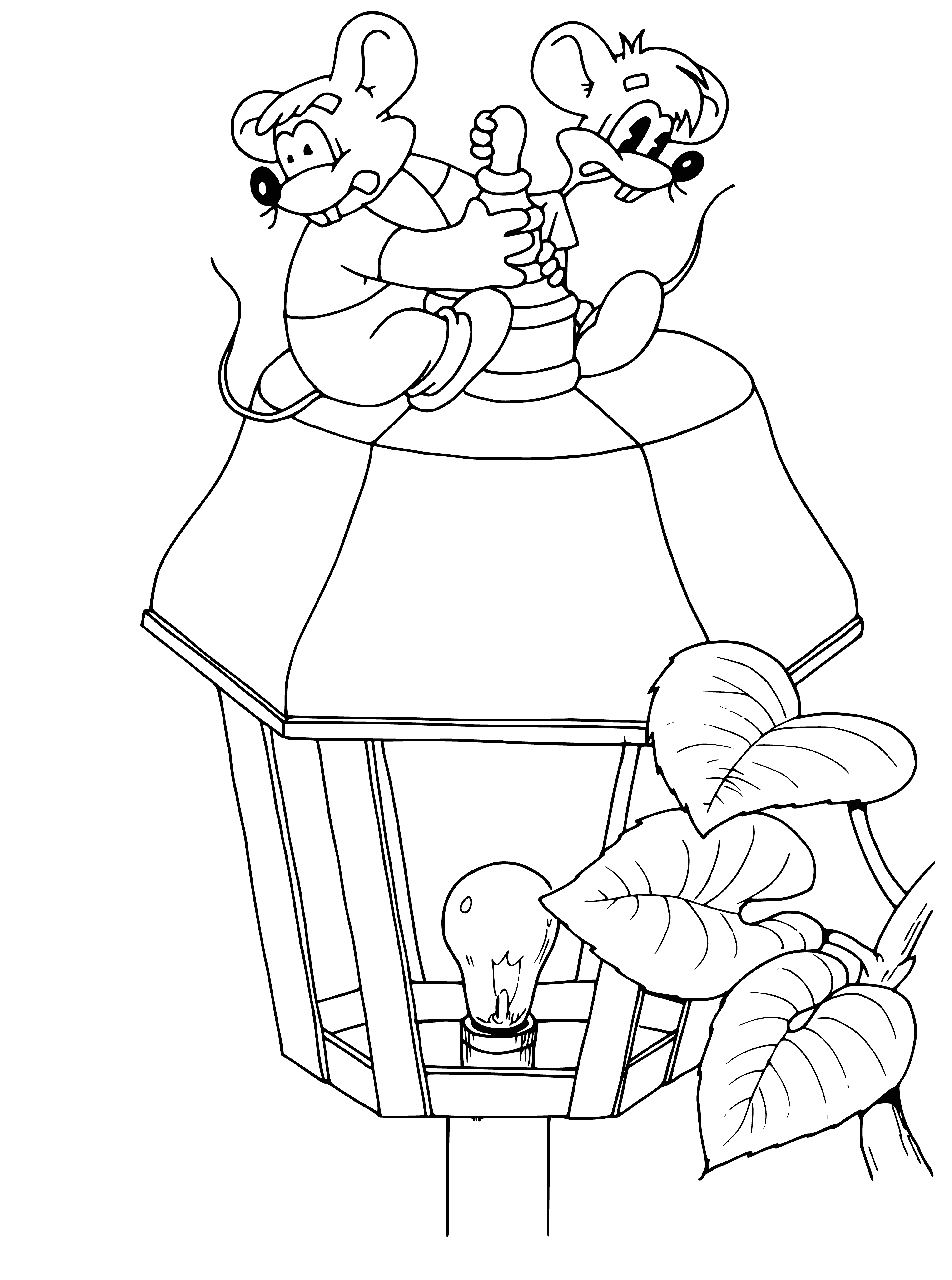 coloring page: A content cat perched atop a stack of books, its fur illuminated in warm shades of orange & brown in the lantern's yellow light.