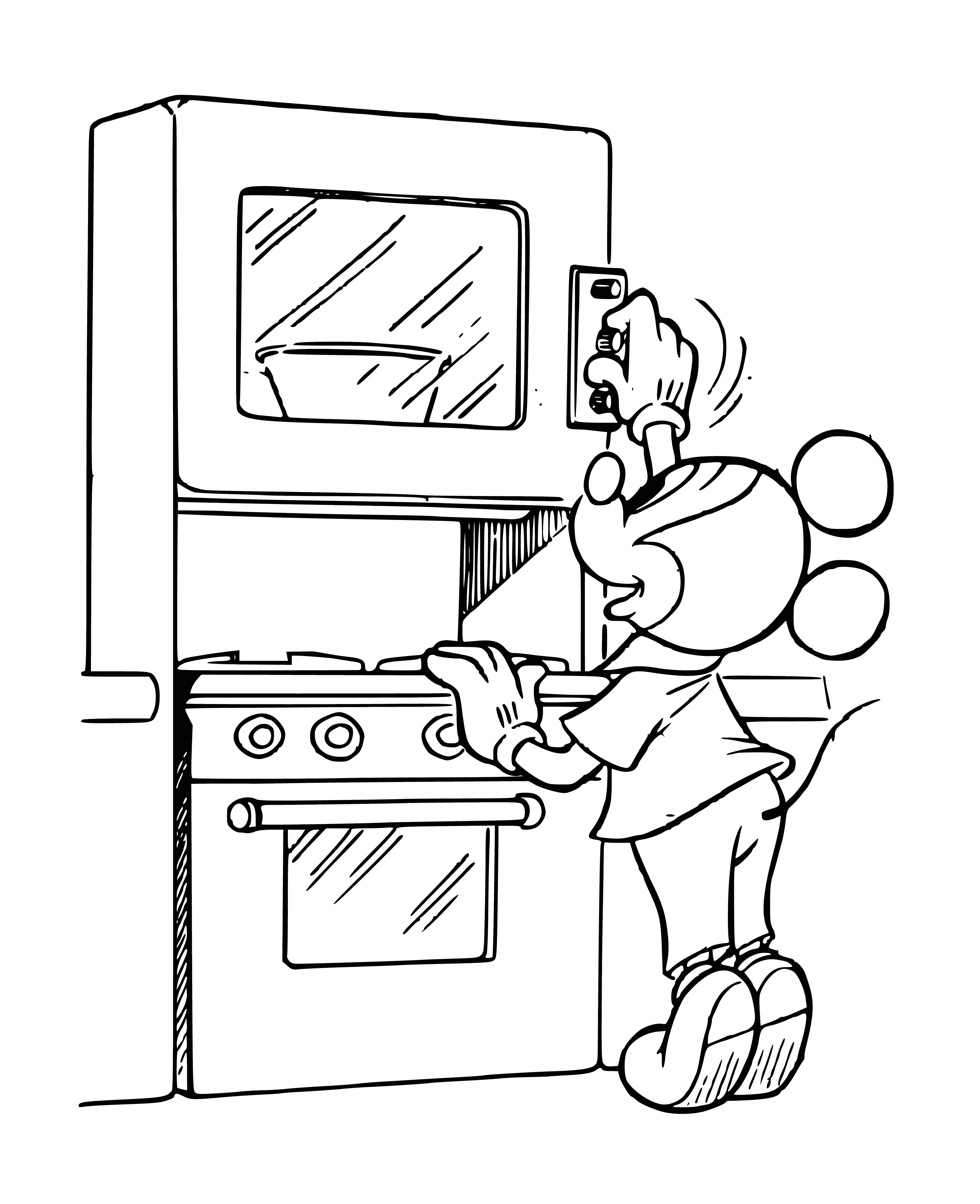 coloring page: Red Mickey Mouse & Co. microwave w/ white door & Mickey Mouse handle. White Mickey & Co. logo on front & white interior.
