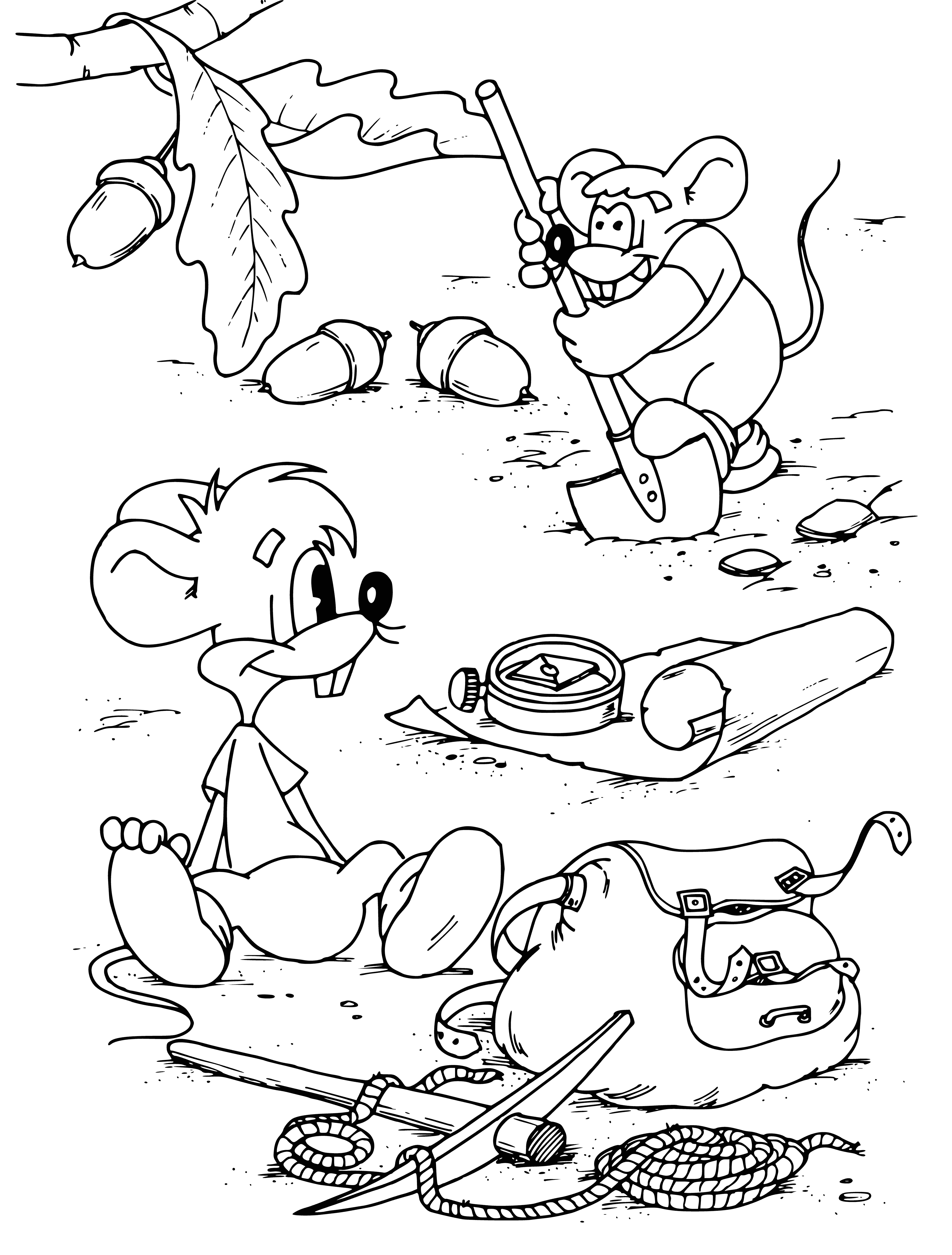 coloring page: 3 mice on top of a treasure chest looking down. Cat looking up, curious about the mice's excitement. #funny #animals